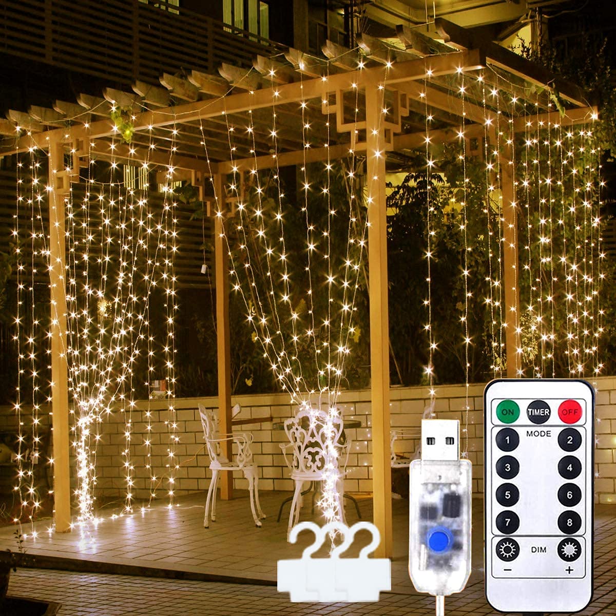 Curtain String Light with Remote, 300 LED Fairy Dimmable Lights with 8 Flashing Modes for Christmas Halloween Wedding Party Home Garden Bedroom Wall Decorations, Warm White