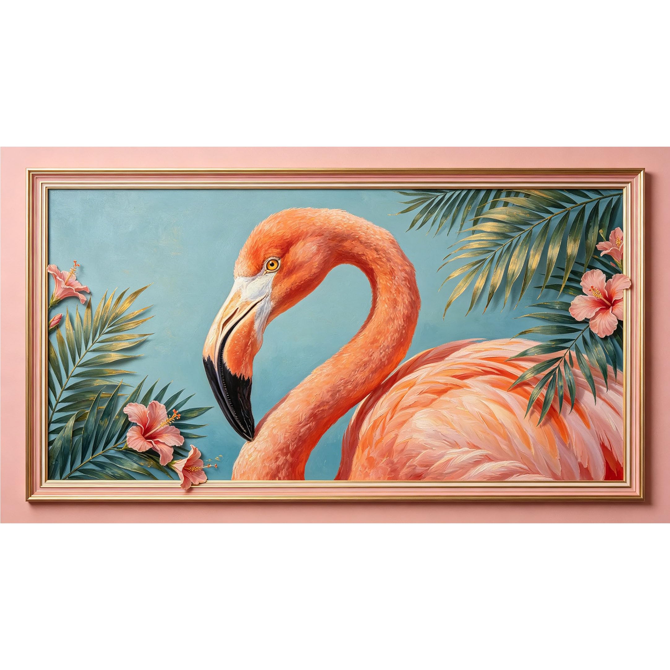 QZLITHOTIC 50x90cm3D Framed Wall Art， Tropical Flamingo Botanical Self‑Adhesive Mural， Water‑Activated Peel & Stick Fabric Decor Wall Decal for Bedroom Living Room