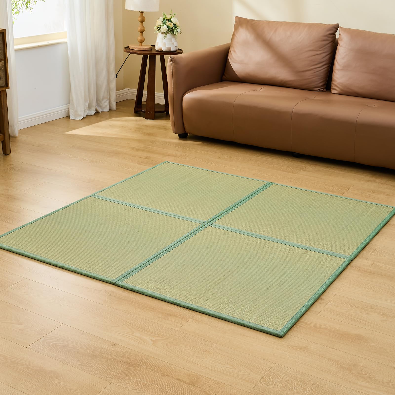 KITBRHOME Japanese Tatami Mat, 31.5 in x 31.5 in x ½ in, 27.5 Sq Ft - 4 Pc, Foldable DIY with Non-Slip Design, Floor Padding for Crawling and Yoga,