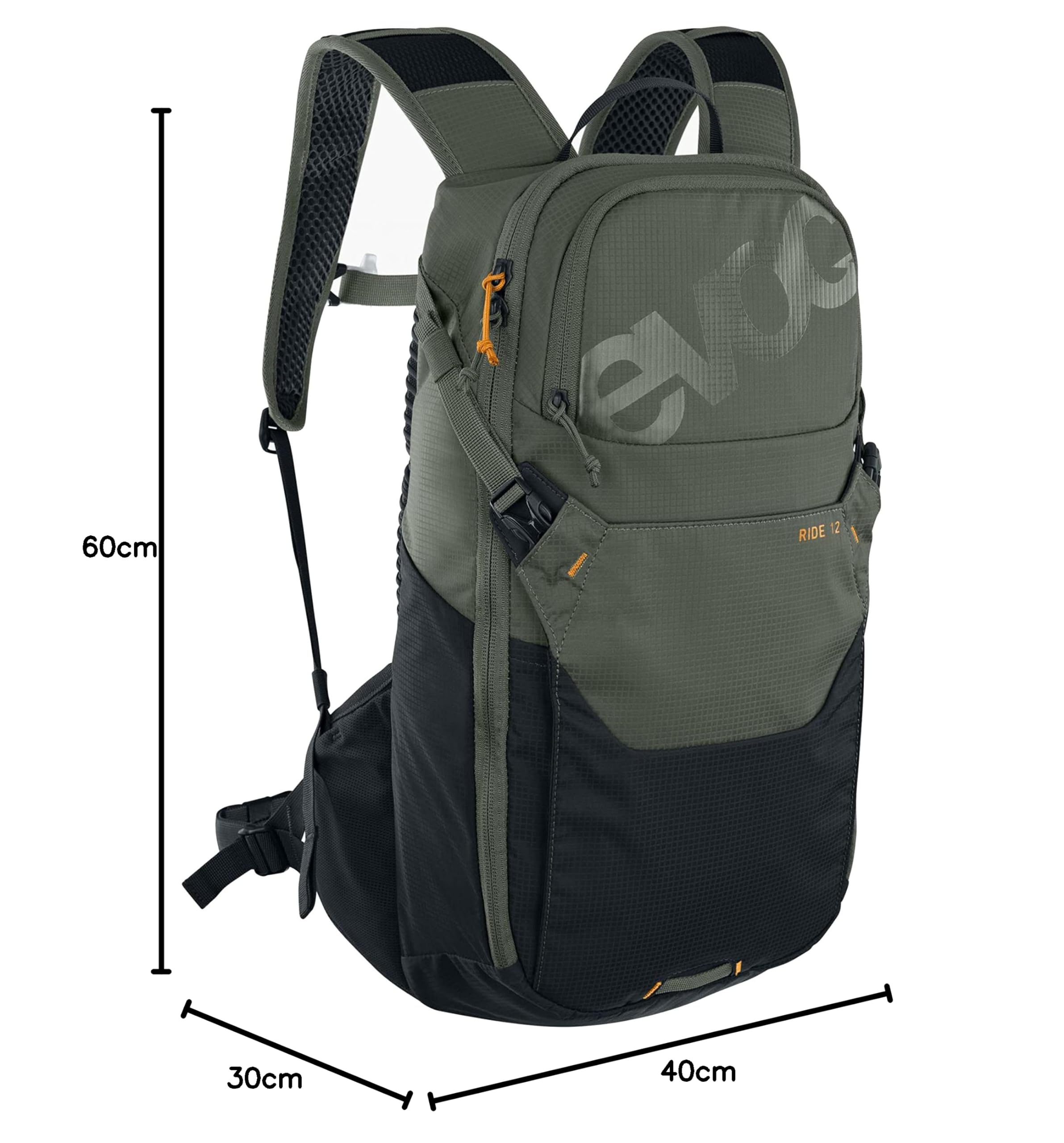 EVOC RIDE 12 Protektor Fahrradrucksack, Trekkingrucksack für Trails & Alltag (cleveres Taschenmanagement, AIR-PAD-Rückenpolsterung, Helmhalterung, Backpack inkl. 2l Trinkblase), Dunkeloliv/Schwarz