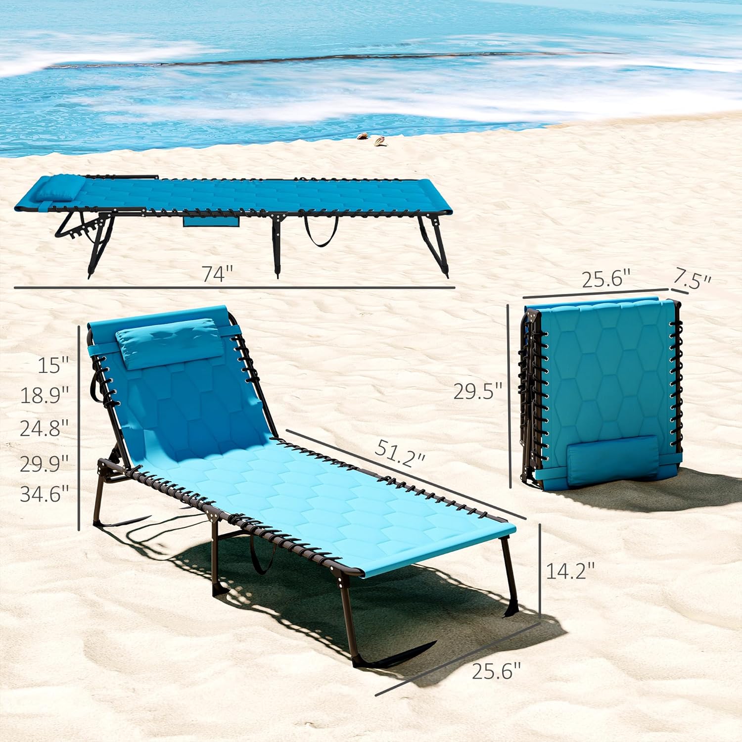 Outsunny Padded Folding Chaise Lounge Chair Outdoor Set of 2, 5-Level Reclining Patio Loungers, Tanning Chairs with Side Pocket, Headrest and Carrying Handle for Beach, Yard, Patio, Sky Blue