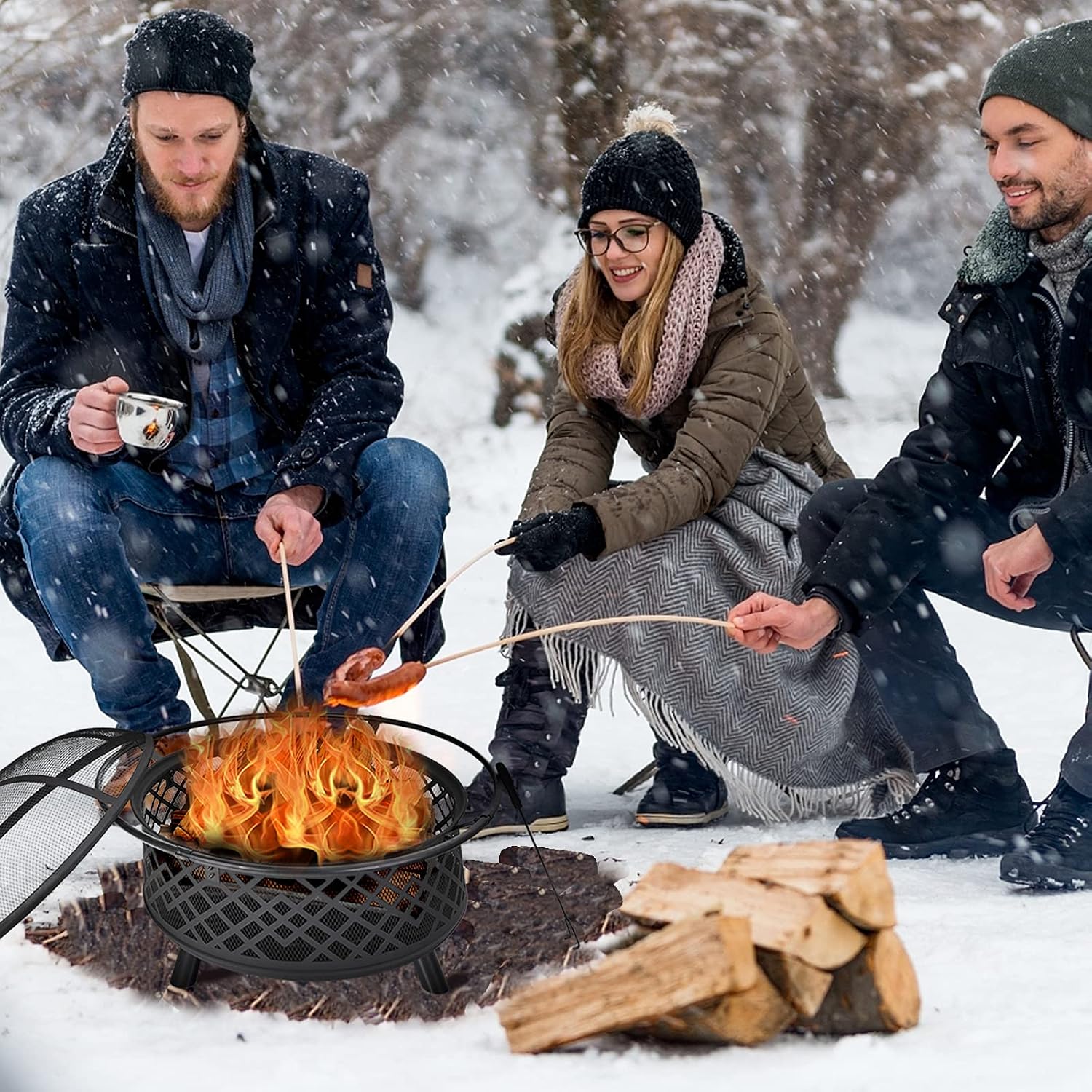 PHI VILLA 32" Wood Burning Fire Pit Clearance, Outdoor Large Steel Firepit Patio Fireplace Cutouts Pattern with Poker & Spark Screen