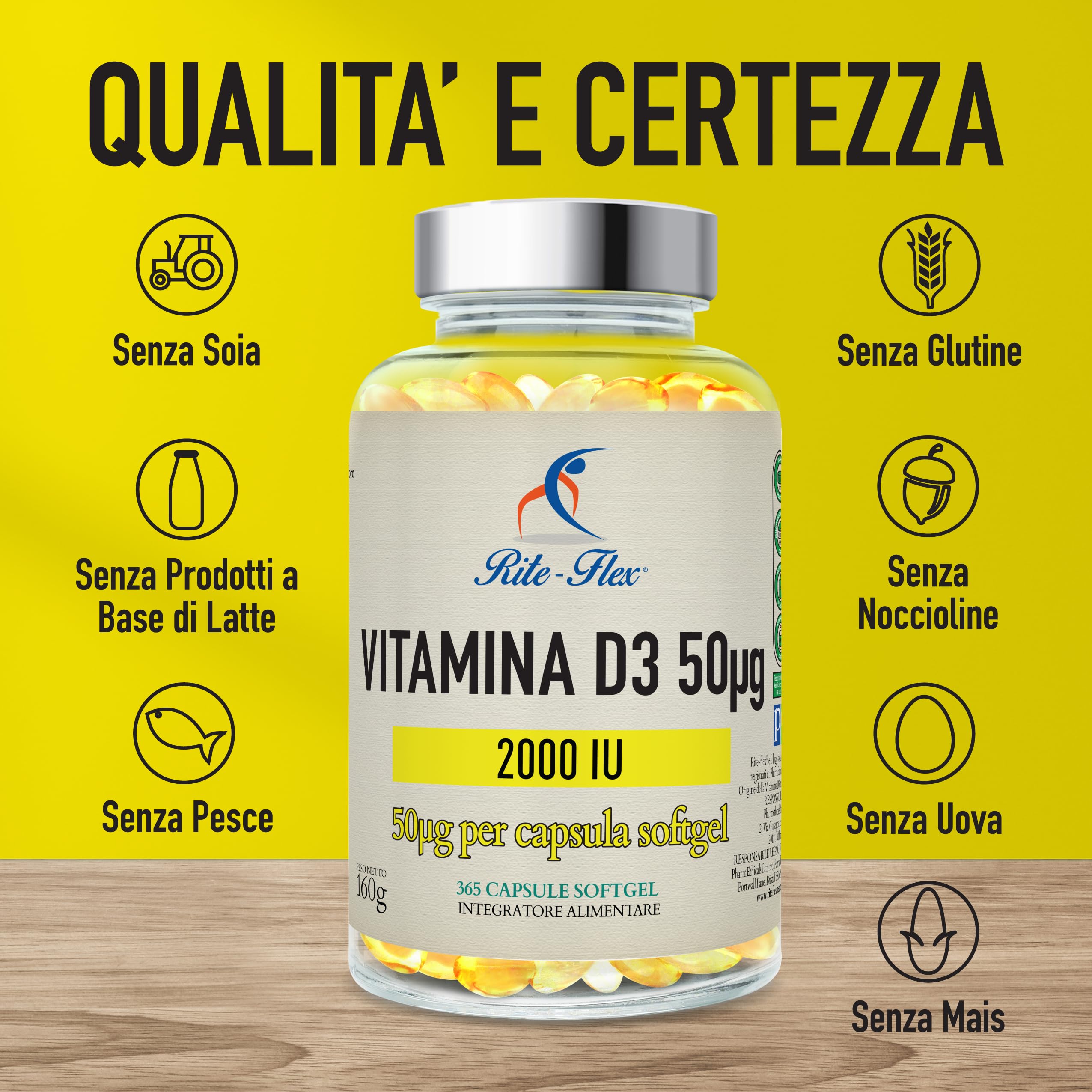 Rite-Flex, Integratore di Vitamina D3 2000 UI (365 Capsule Soft gel)
