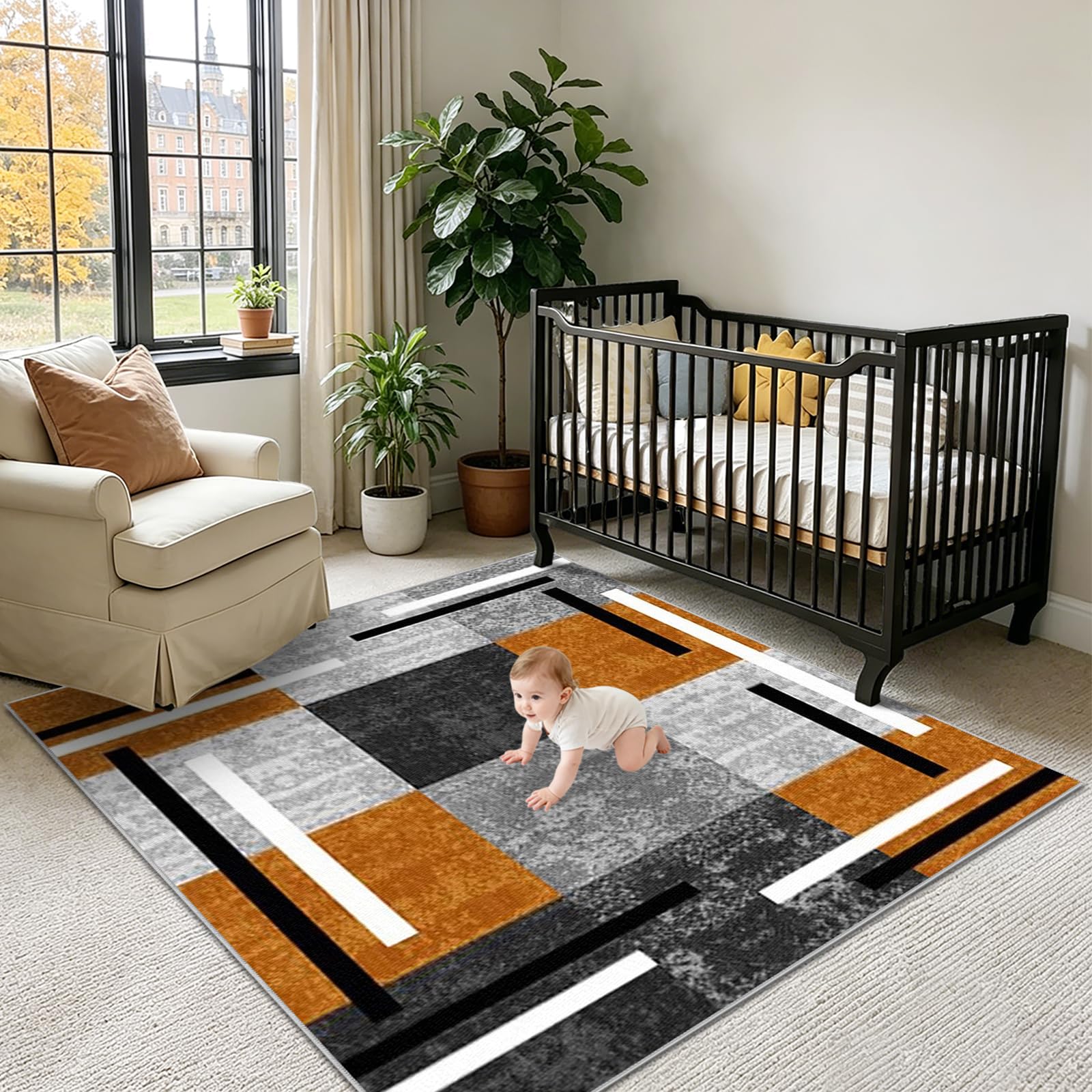 Teppich Wohnzimmer Vintage Wohnzimmerteppich Moderne Geometrische Abstrakte Muster Teppich Schlafzimmer Kinderzimmer Teppiche Groß rutschfest Kurzflor Teppiche Gegend Gelb 100 x 140cm