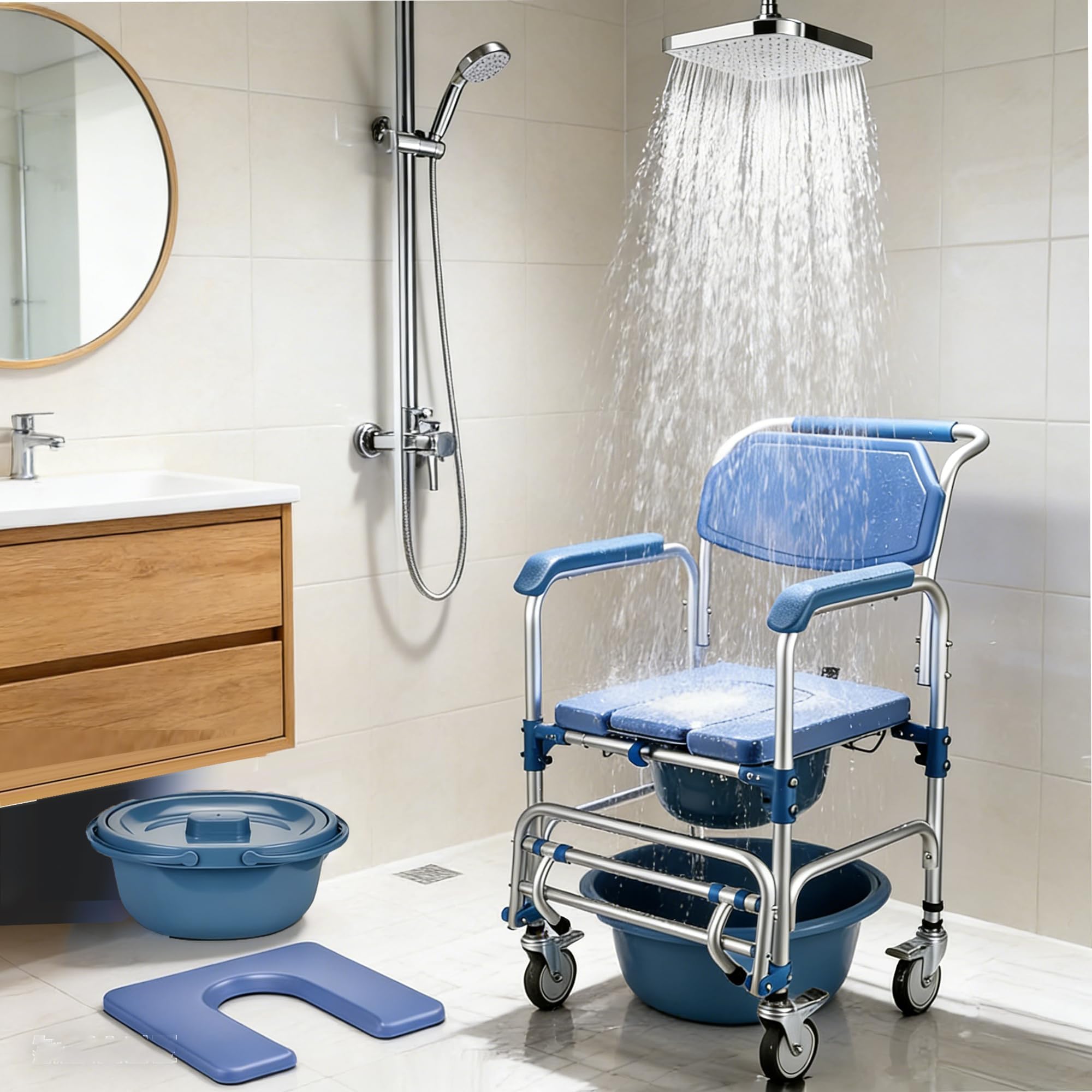 4 in 1 Wheeled Shower Chair Commode Toilet Chair for Elderly Bedside Commode Chair with Locking Wheels and Padded Seat for Disabled Elderly 150 kg Weight Capacity