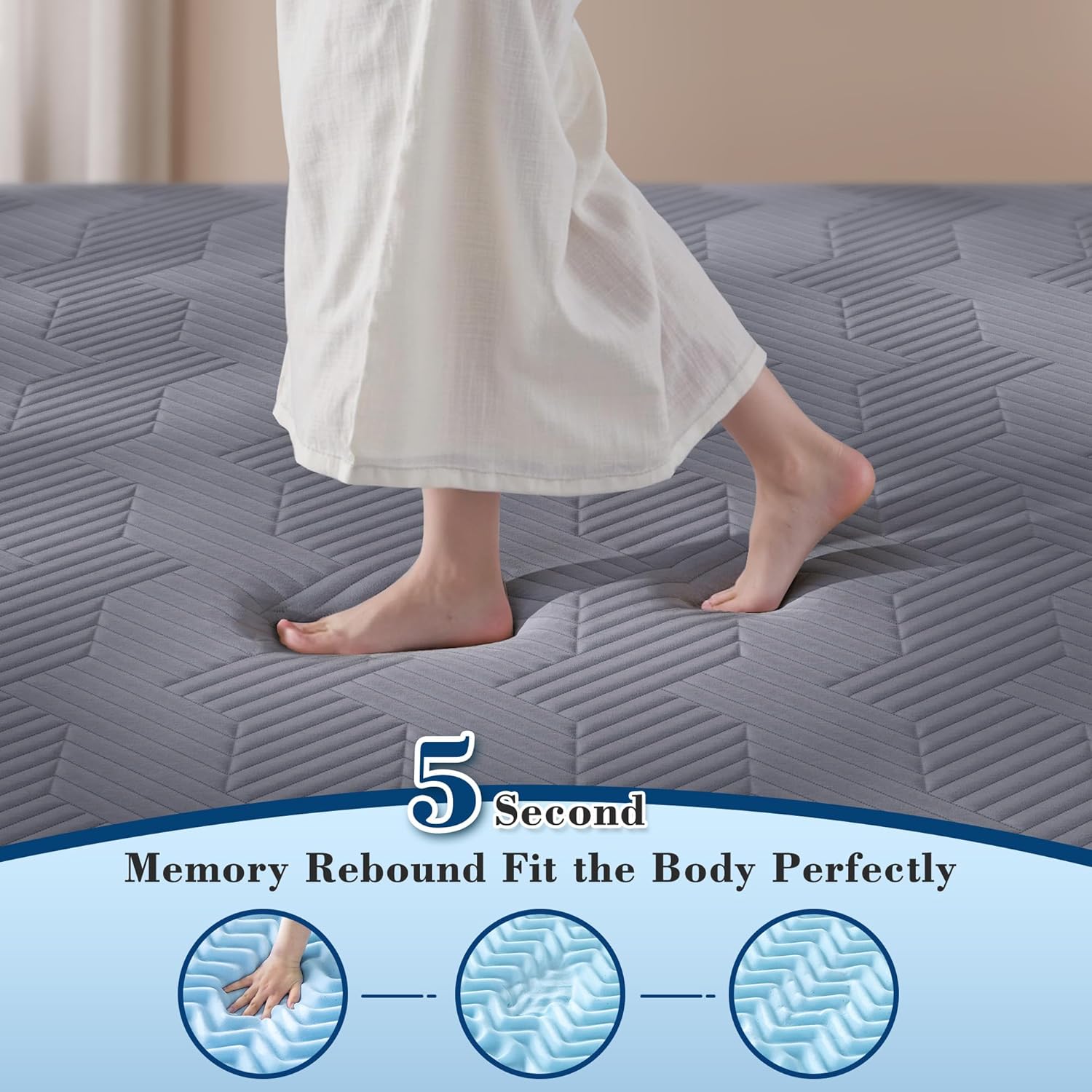 EnHomee Memory Foam Mattress Topper,3 Inch Queen Mattress Topper Pressure Relief with Cooling Gel and Removable & Washable Embossed Cover, CertiPUR-US & Oeko-TEX Certified, Grey, Queen