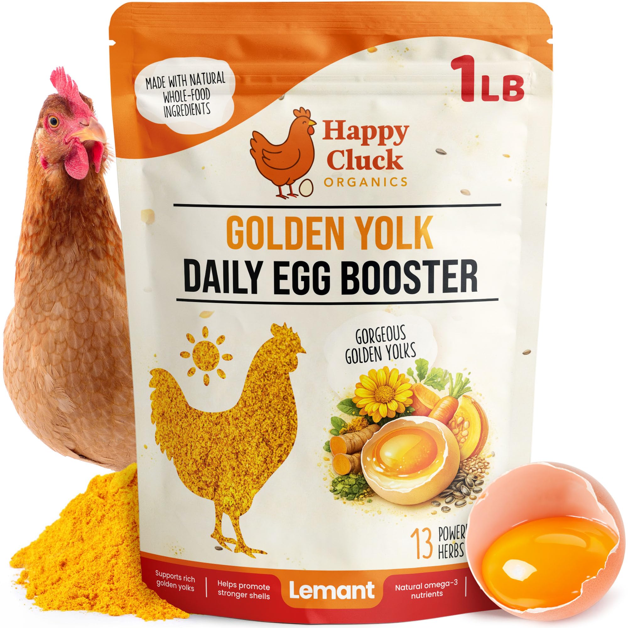 Golden Yolk Daily Egg Booster for Chickens - 1 LB Whole-Food Chicken Vitamins and Supplements - 13 Herbs with Marigold Lutein, Omega-3 Flaxseed and Calcium - Laying Hens, 30-Day Supply