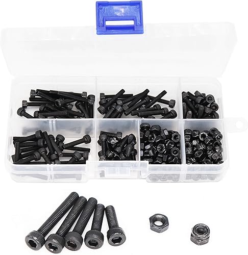 cSeao Juego surtido de 220 tornillos de casquillo negro M3 y tuercas autobloqueantes hexagonales, M3 x 0.394 in, 0.472 in, 0.630 in, 0.709 in, 0.787