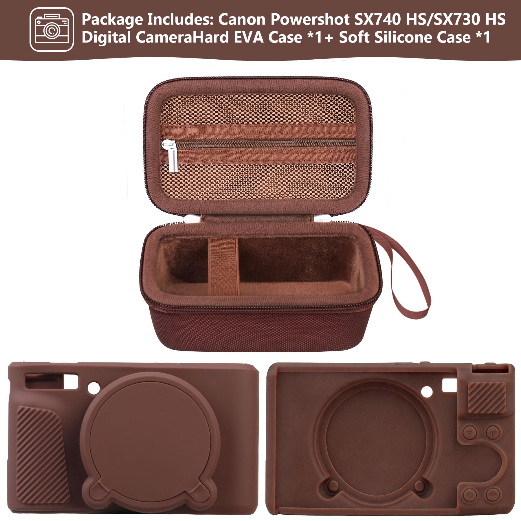 SX740 HS Kamera Fall Bundle, Schließen Sie Harte Tragetasche*1 + Silikon Kamera Case*1 EIN, Kompatibel mit Canon PowerShot SX740/SX730 HS Digitalkamera, Hüllen mit weichem Silikonhülle, Braun