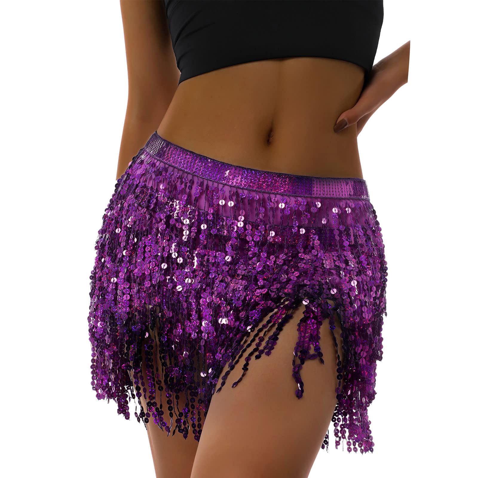 Women Belly Dance Hip Sequin Tassel Skirt Sparkly Fringe ScarfWrap Rave Costume Space Cowgirl Outfit