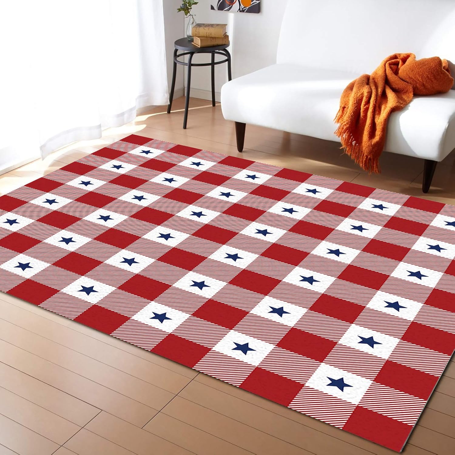 Large Rectangular Area Rugs 2.7' x 5' Living Room, Blue Star Buffalo Checker Independence Day Durable Non Slip Rug Carpet Floor Mat for Bedroom Bedside Outdoor Red White Plaid American Star Flag