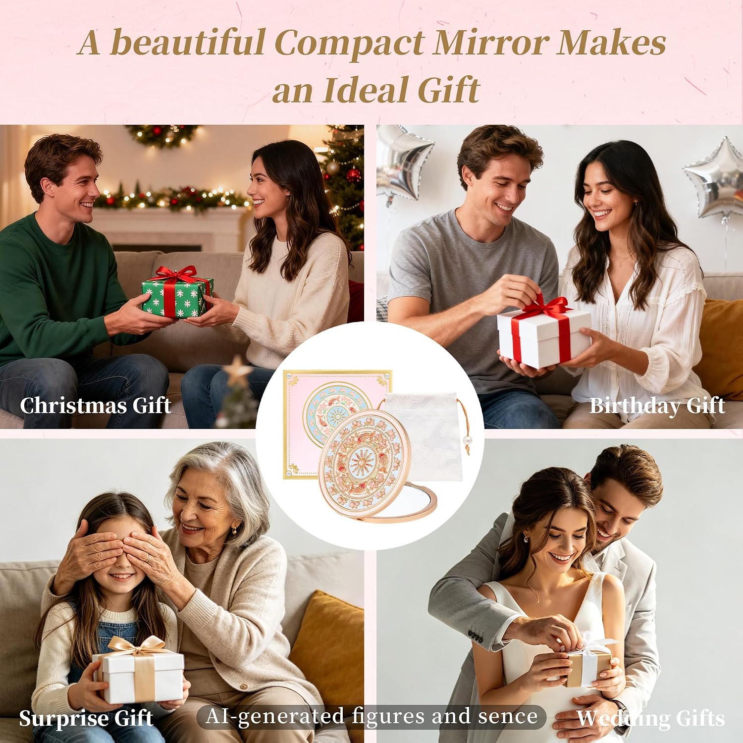 Vintage Compact Mirror,Gift Purse Mirror with Double Sided 1X/2X Magnifier,Small Mirror for Purse Bag Pocket with Flower Design,Mini Pocket Mirror for Women Girls Daughter(Pink)