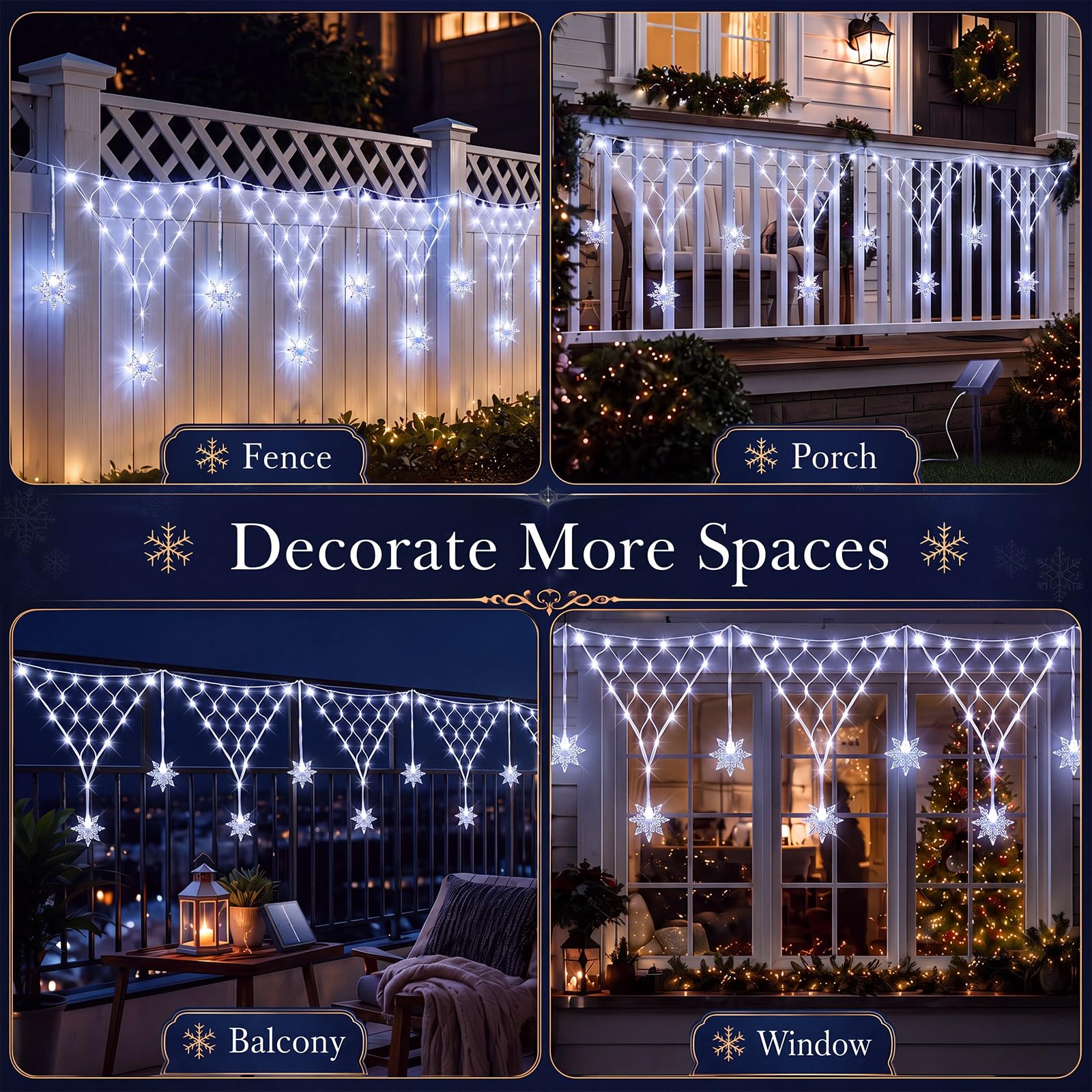 Lewtemi 2 Stück 4 m Schneeflockennetz Weihnachten Outdoor Zaun Lichter Kaltweiß Solar Vorhang Lichter mit 8 Beleuchtungsmodi, wasserdichte Weihnachtszaun Dekorationen für Hof, Terrasse, Traufe Garten