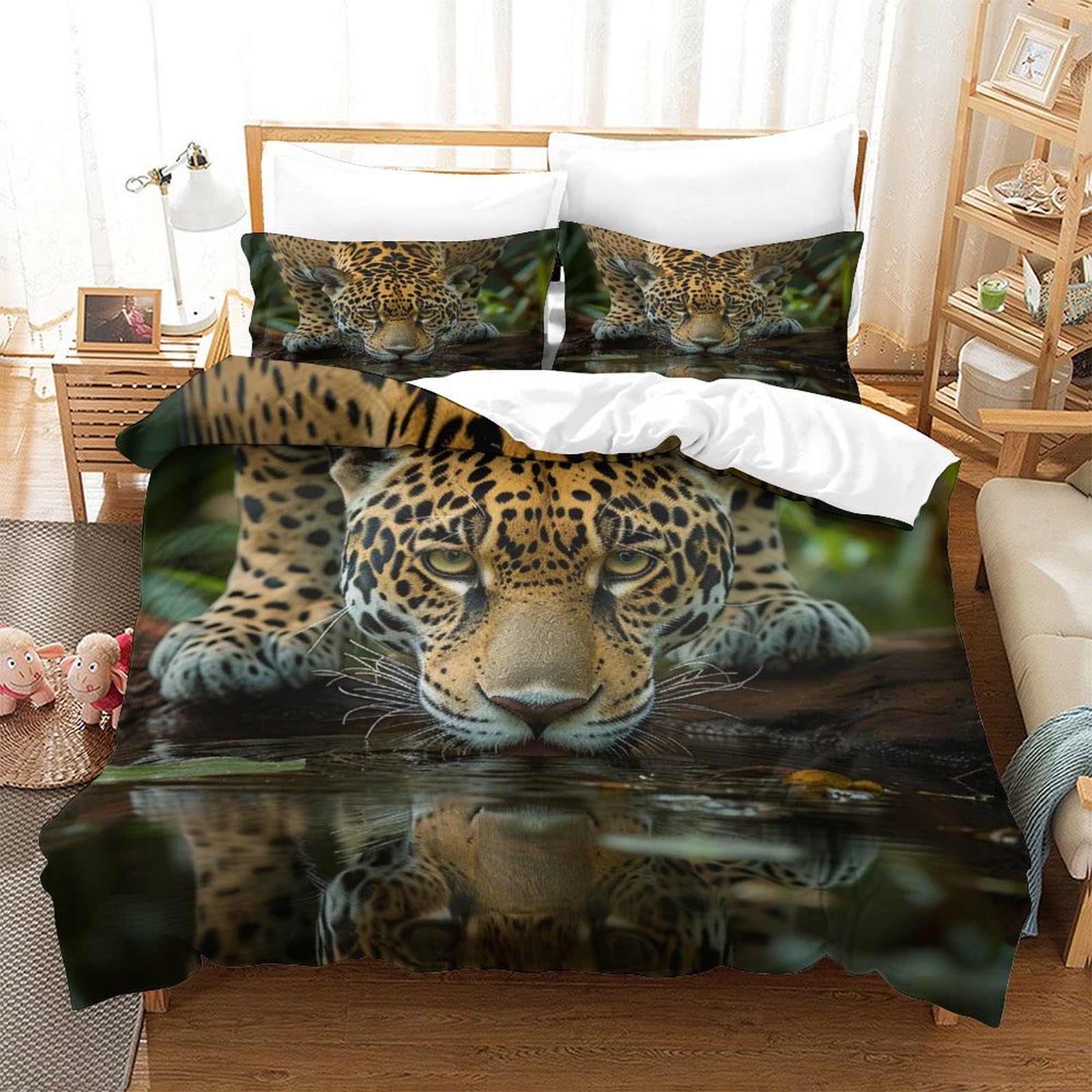 P1s9u7w5y Jaguar-2 Wild Nature 3D Printed Leopard Duvet Cover Set 3Pcs Microfiber Jungle Animal Bedding Set King（220X240cm）