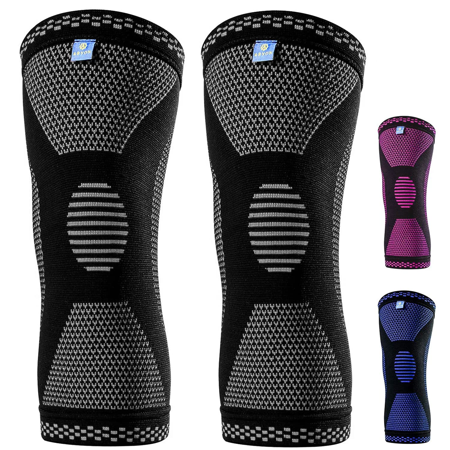 ABYON Professional Knee Braces for Knee Pain (2pack),Knee Compression Sleeve for Meniscus Tear,Arthritis, ACL,ACL,Arthritis,Joint Pain Relief,Sports,Running.Medical Grade Knee Sleeve Support for Men Women