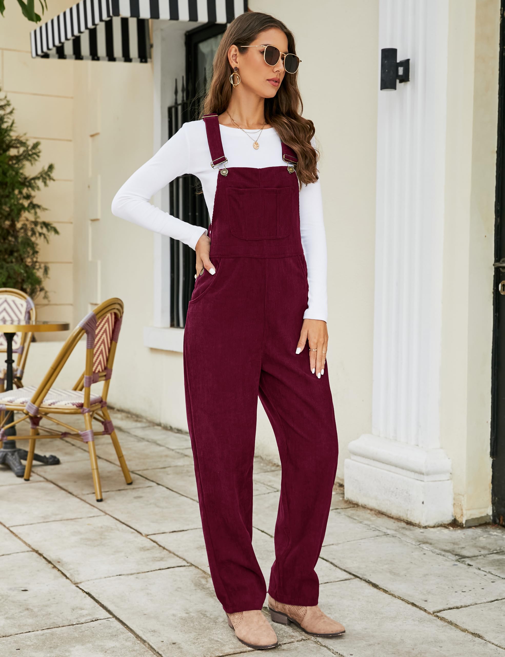 Flygo Corduroy Overalls for Women Loose Fit Adjustable Straps Long Bib Pants Wide Leg Jumpsuits with Pockets