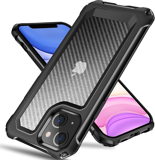 Tuerdan iPhone 13 Case, [Military Grade Shockproof] [Hard Carbon Fiber Back] [Soft TPU Bumper Frame] Anti-Scratch, Fingerprint Resistant, Protective Phone Case for iPhone 13, 6.1 Inch (Black)