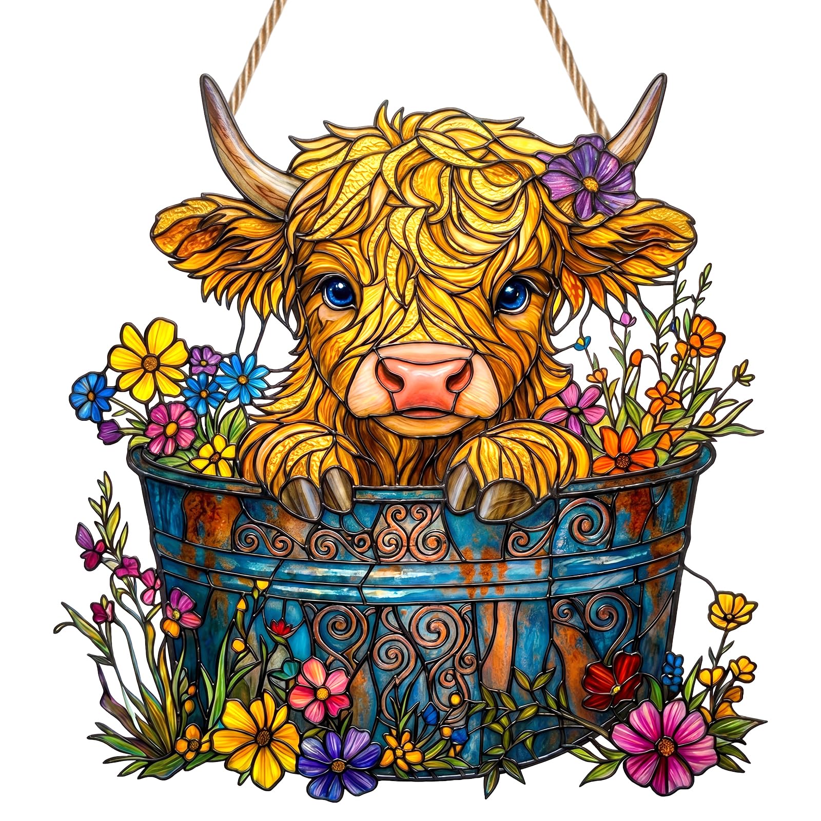 Highland Cow Suncatchers for Windows, Stained Glass Sun Catchers for Windows, Acrylic Cow Sun Catchers with Cord, 2D Flat Window Hanging Decor for Bathroom, Home, Garden, Patio & Balcony