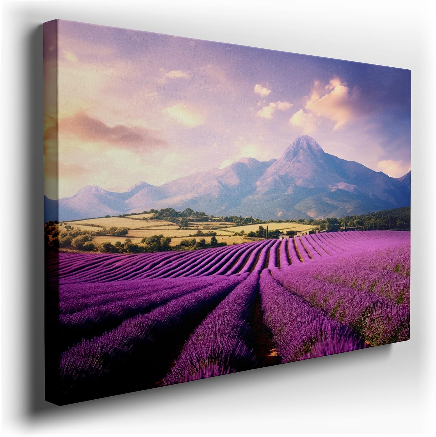 Canvas for Living room. Fields of Serenity: A Majestic Journey through Blooming Lavender and Mountain Grandeur, 27 x 18 inch Canvas Wall Art - Contemporary Masterpieces - Modern Home Decor