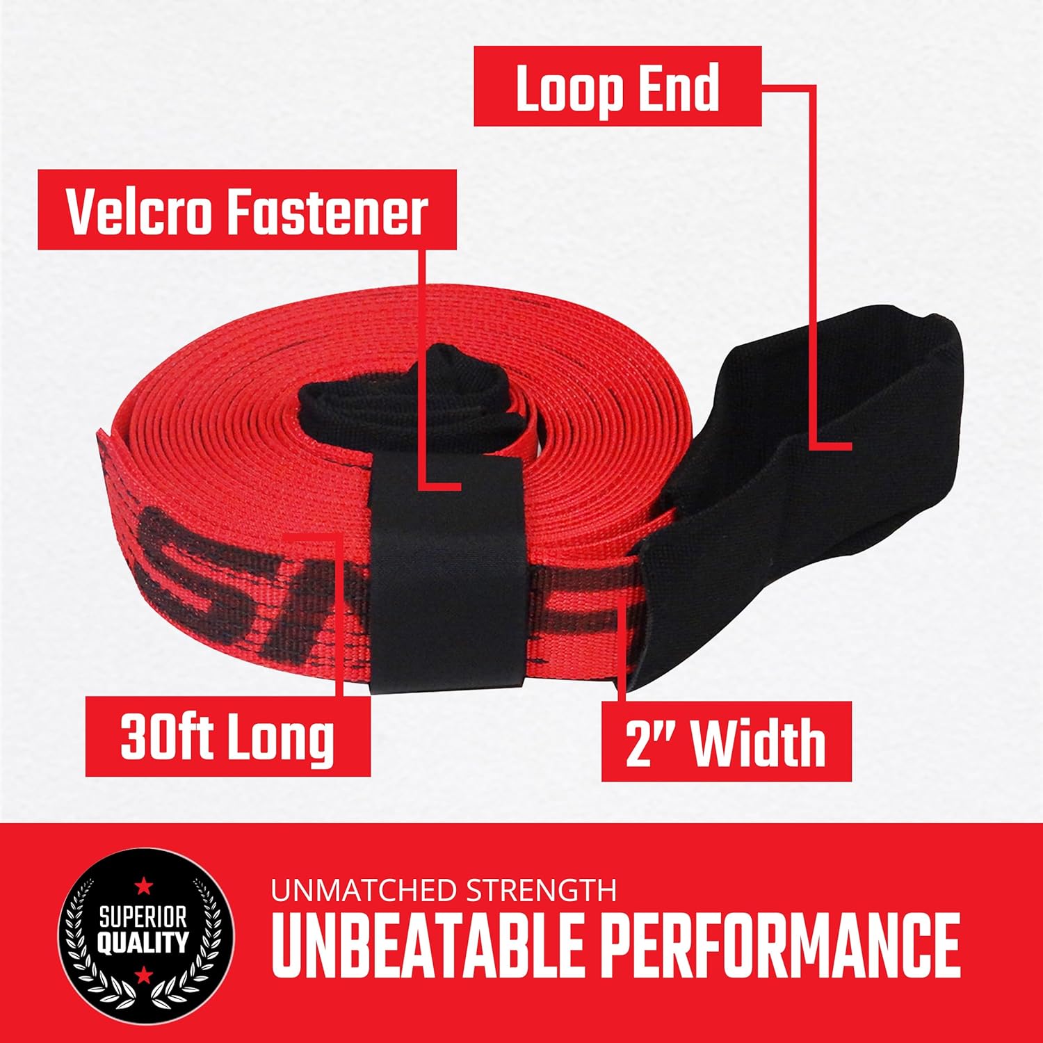 Tow & Recovery Strap 2" x30' 10,000 lb (USA!) with Hook & Loop Storage Fastener