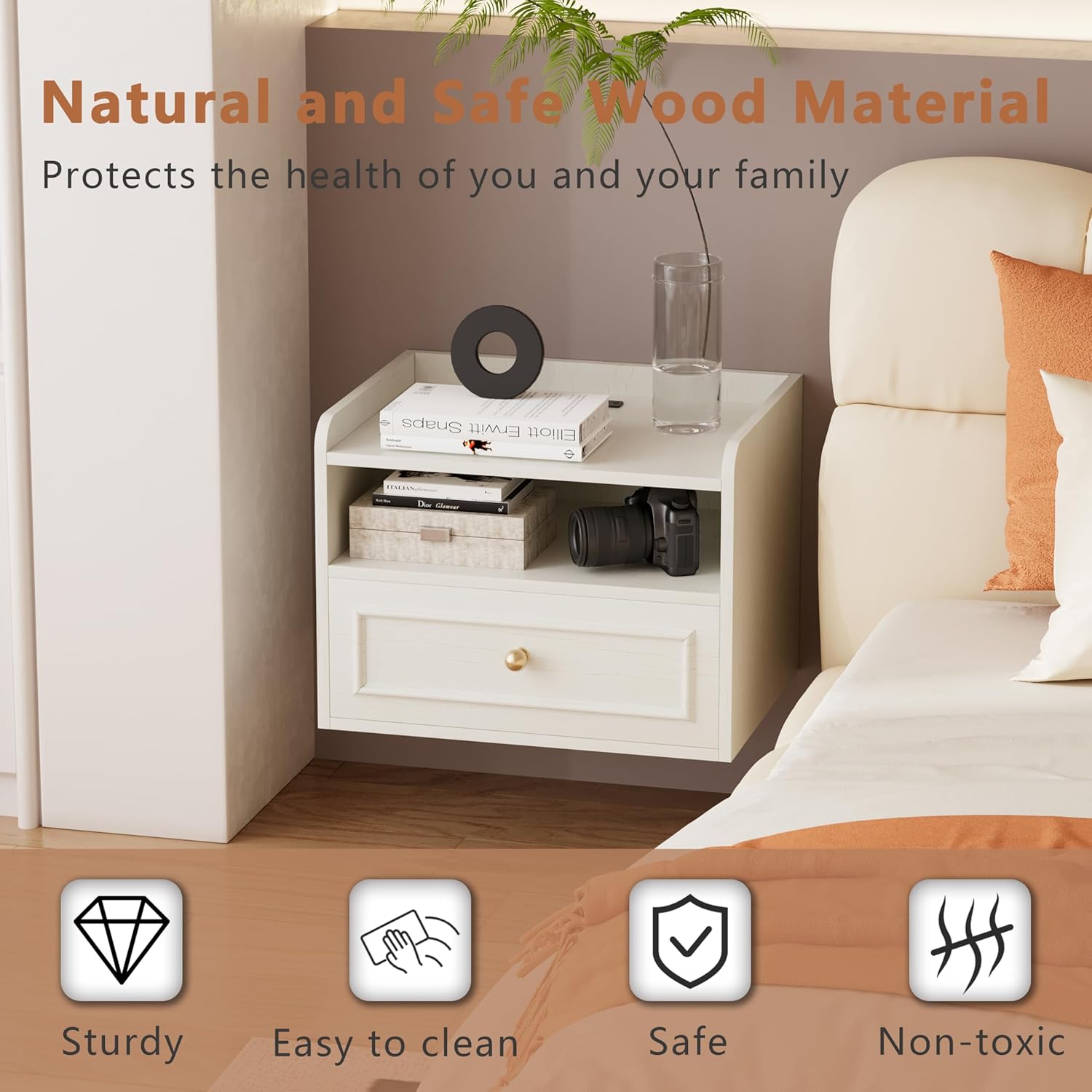 Floating Nightstand with Charging Station Set of 2, Modern Wall Mounted Bedside Tables with Drawer & Open Shelf, Modern Hanging Table with USB & Type C Ports for Bedroom, Small Spaces