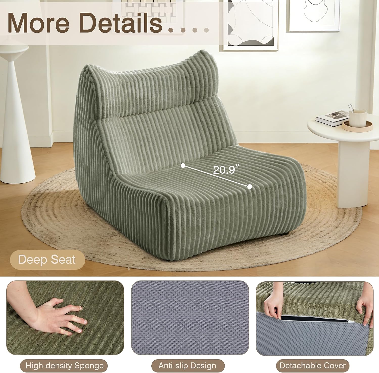 Lazy Floor Sofa, Comfy Chair, Big Bean Bag Chairs, Fireside Chair for Living Room, Bedroom, Office (Green, Single Seat)