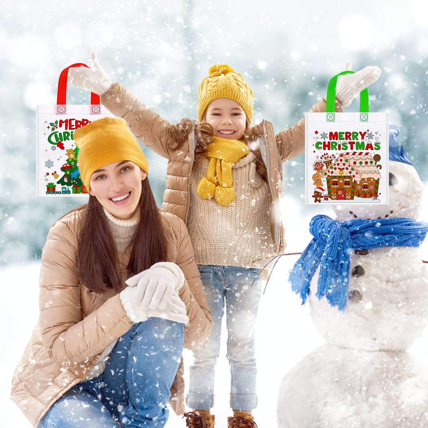 HOWAF 12pcs Christmas Color Your Own Bag, Christmas Coloring Goodie Bags for Kids with Markers, Xmas Reusable Party Favor Bags for Holiday DIY Painting, Santa Snowman Elk Coloring Bag