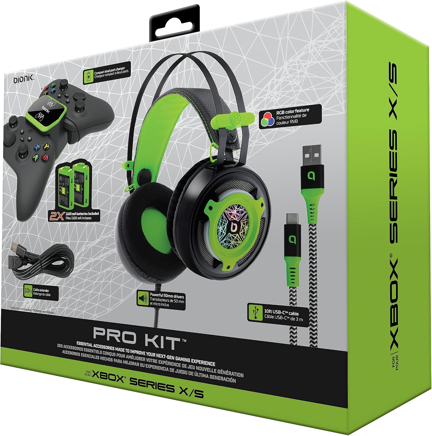 Bionik Pro Kit for Xbox Series X/S: Powerful 50Mm Driver Gaming Headset -Controller Charge Base -Two Battery Packs -Lynx Cable & USB Cable - Xbox Series X