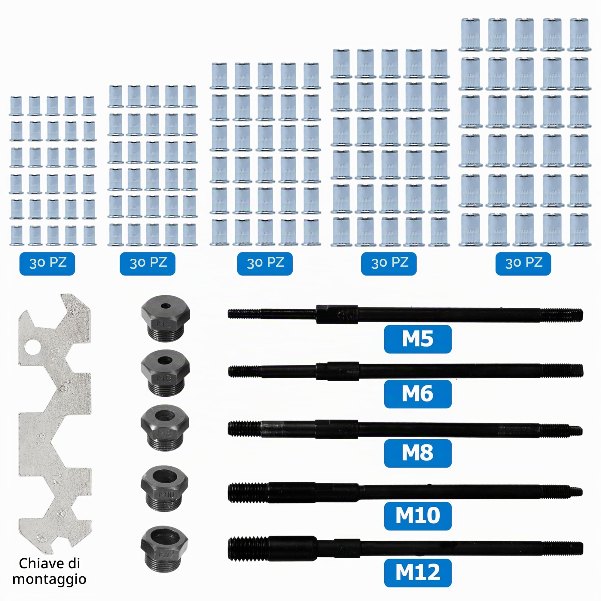 CCLIFE Rivettatrice Manuale per Inserti Filettati, Set con Mandrini M5 M6 M8 M10 M12 e 150 Dadi per Rivetti in Acciaio Inossidabile