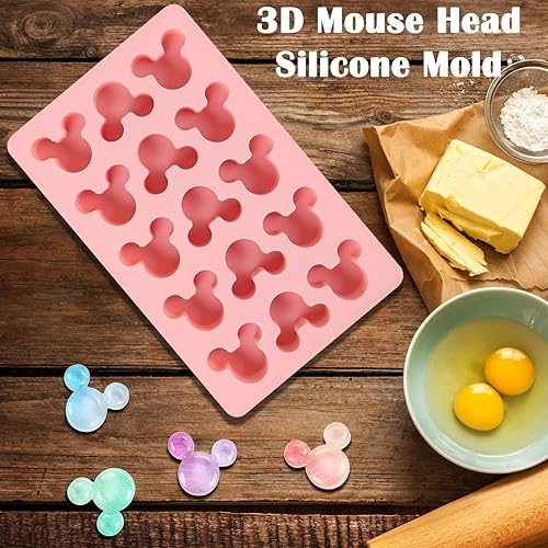 Miniatura 7 de Paquete de 2 moldes de silicona para ratón, 15 cavidades antiadherentes, para cubitos de hielo, gomitas de chocolate y dulces (gris-rosa)