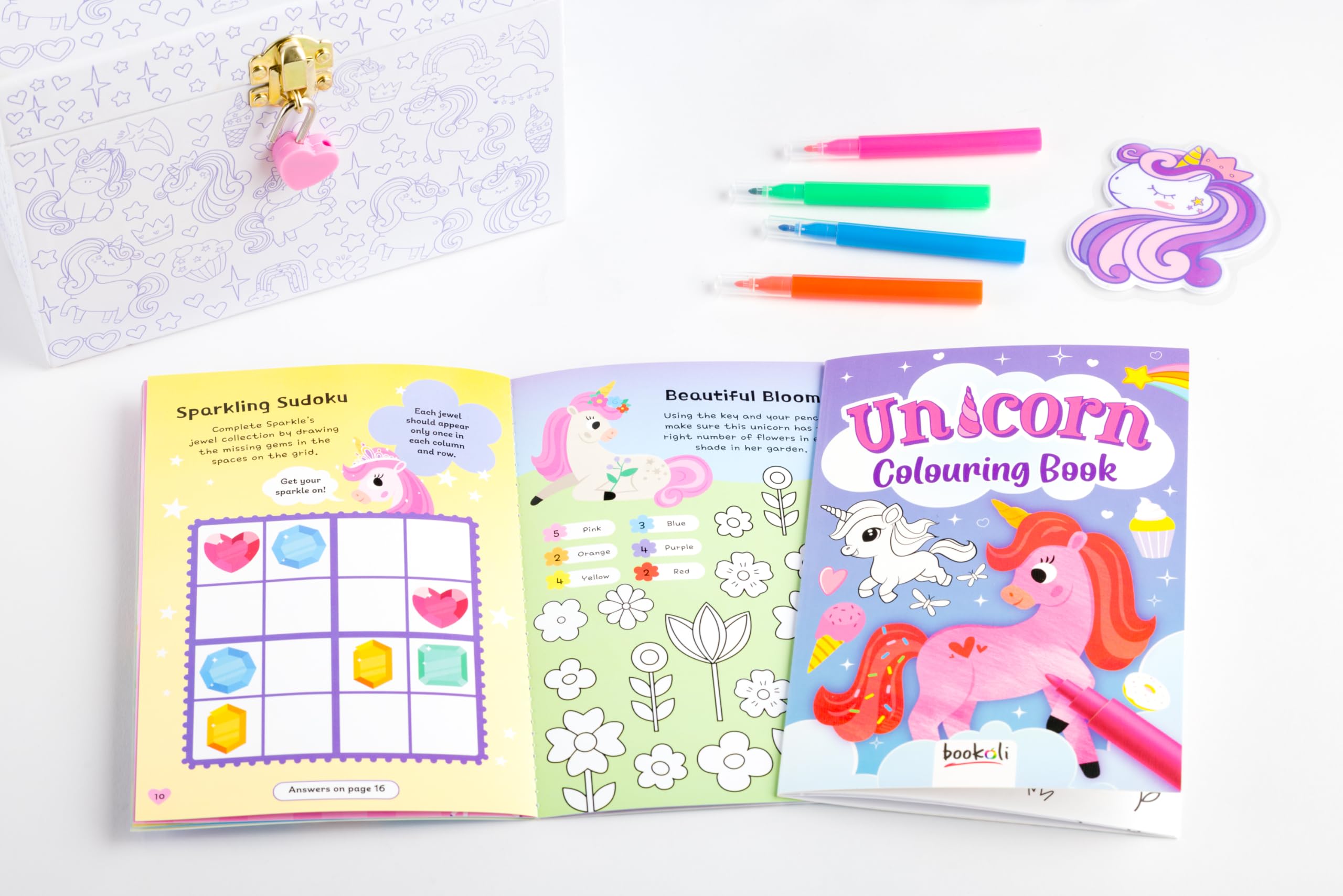 Bookoli, Colour and Keep Unicorn Activity Box, Colouring Kit with 2 Activity Books, 4 Mini Felt-Tip Pens, 30 Stickers - Image 3