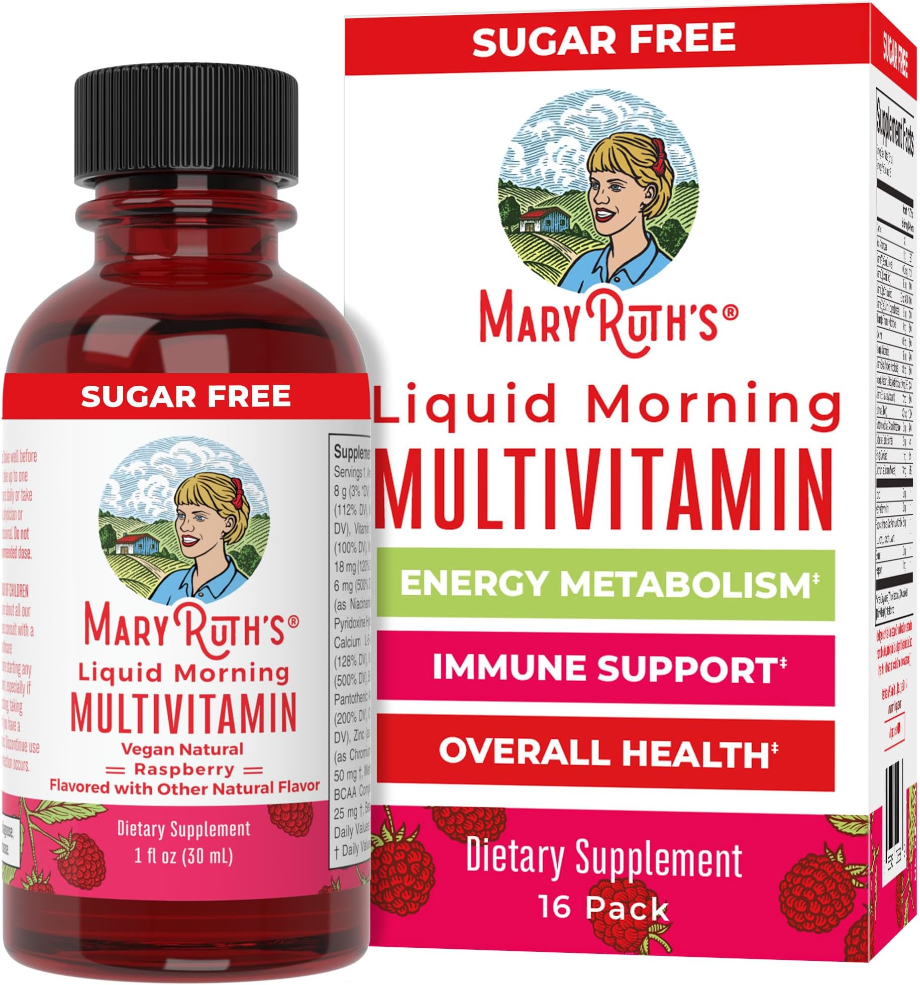 Multivitamin for Women Men & Kids by MaryRuth's | No Added Sugar | Morning Raspberry | Liquid Vitamins for Adults & Kids | Mens, Womens Multivitamin | Energy & Beauty Booster | 16-1 Fl Oz Bottles