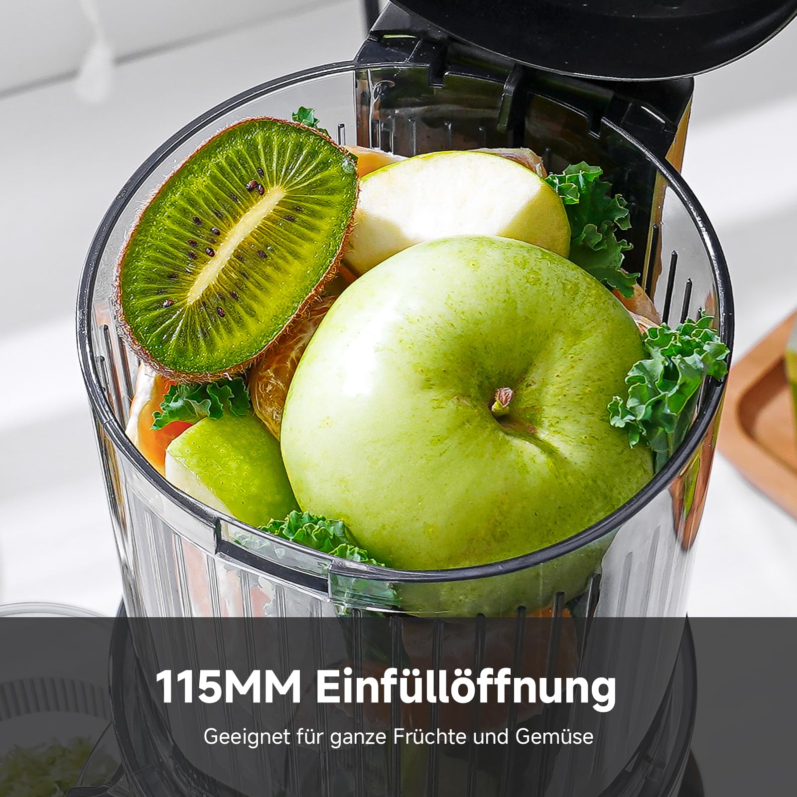AMZCHEF Entsafter Slow Juicer – 115MM Einfüllöffnung für Ganze Gemüse und Obst - Kompakter Saftpresse Hohe Saftausbeute, Leise, Einfach zu Reinigen