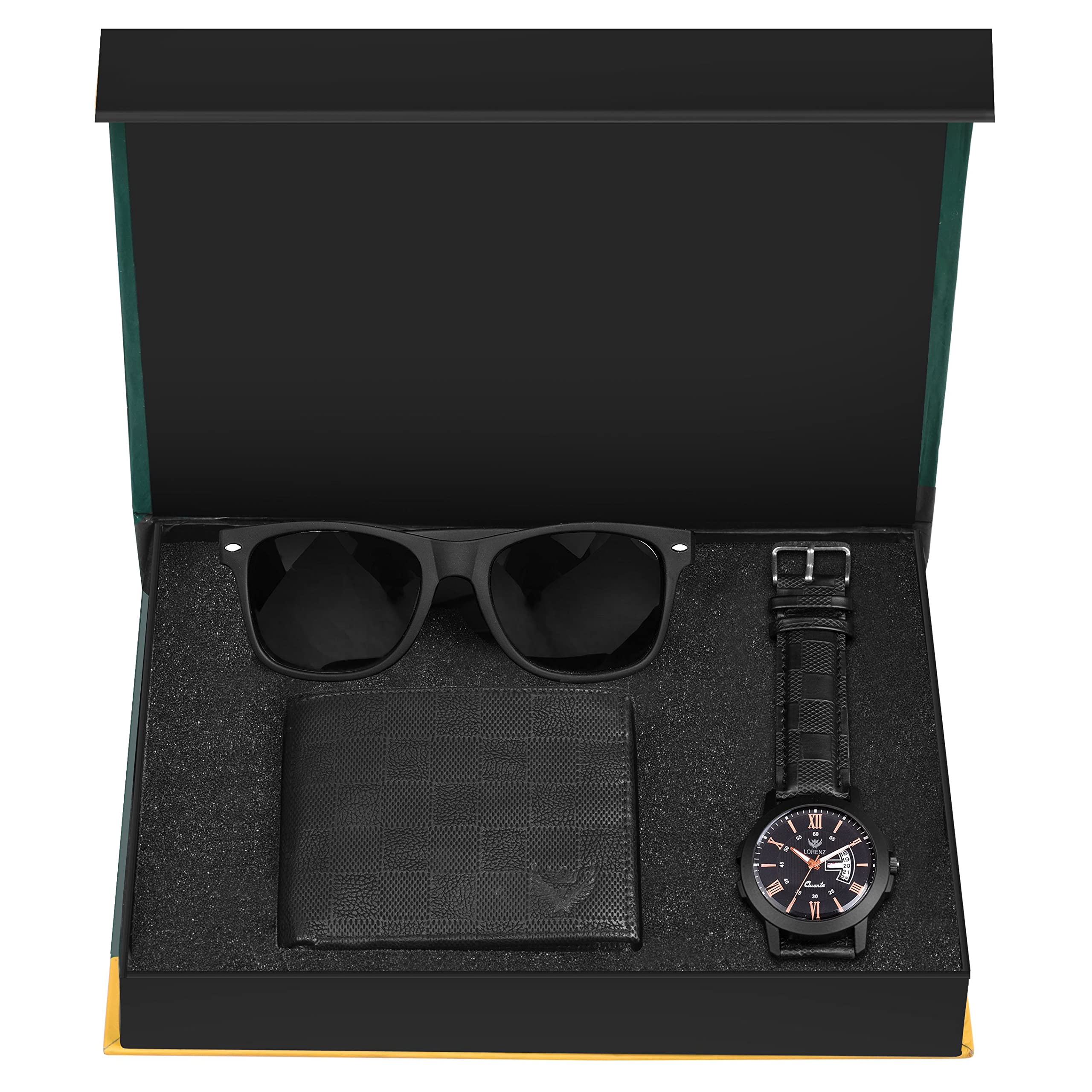 LORENZ Gift Combo Set of Black Day & Date Analog Watch, Black Sunglasses & Wallet for Men | CM-4011SN1-WL-58 (B0B2DVCHD9) Amazon Price History, Amazon Price Tracker