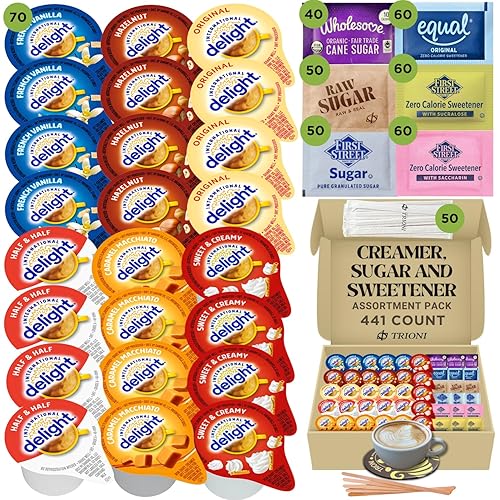 Coffee Creamer - Paquete variado de paquetes surtidos de azúcar y edulcorantes, 416 unidades de crema dulce y 5 sabores más (70 quilates), azúcar de