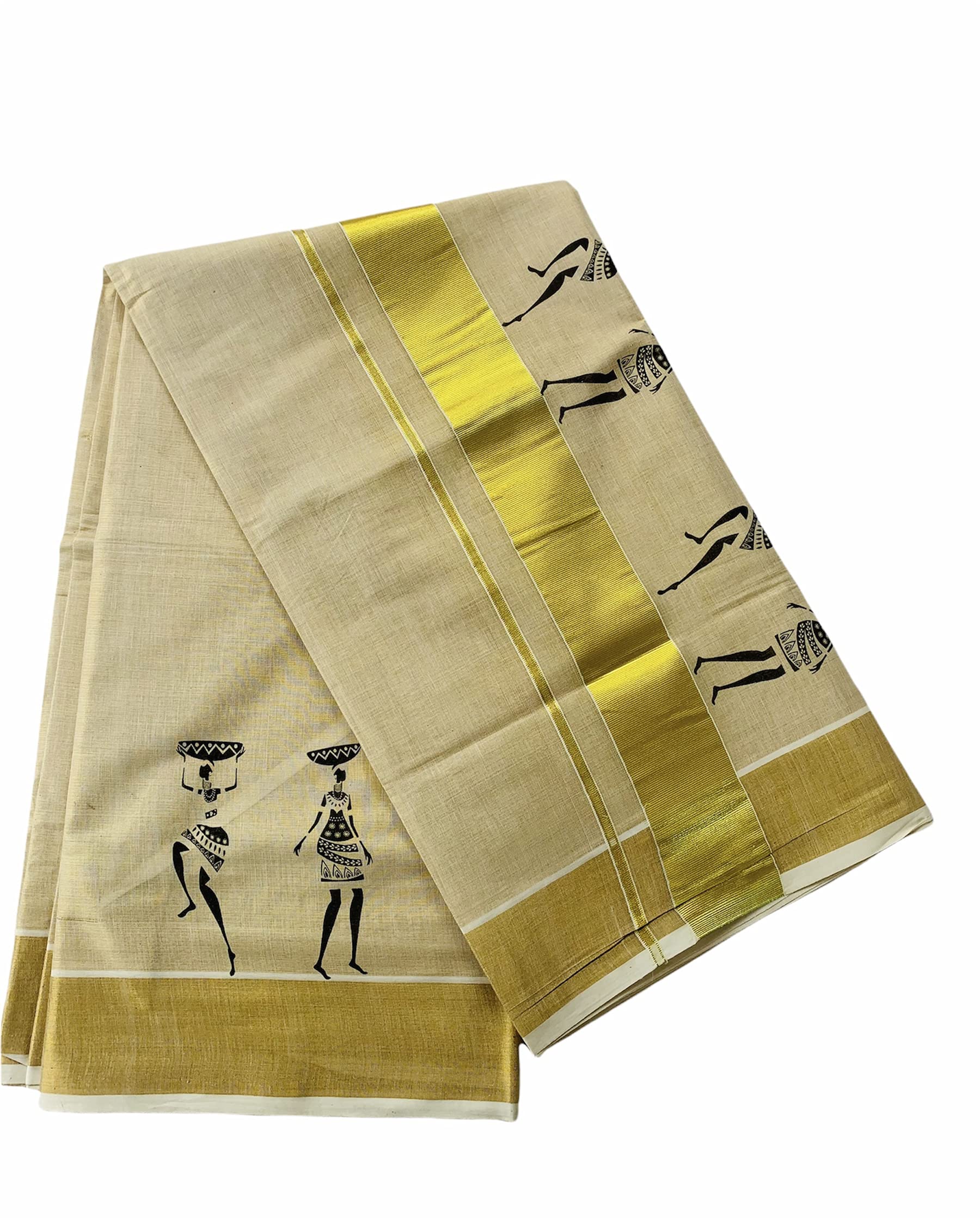 ALLUVYWomen's Kuthampully Kerala Kasavu Saree Tissue Mural Painted | Traditional South Indian Saree | Onam Saree - Multi Color BOM-655