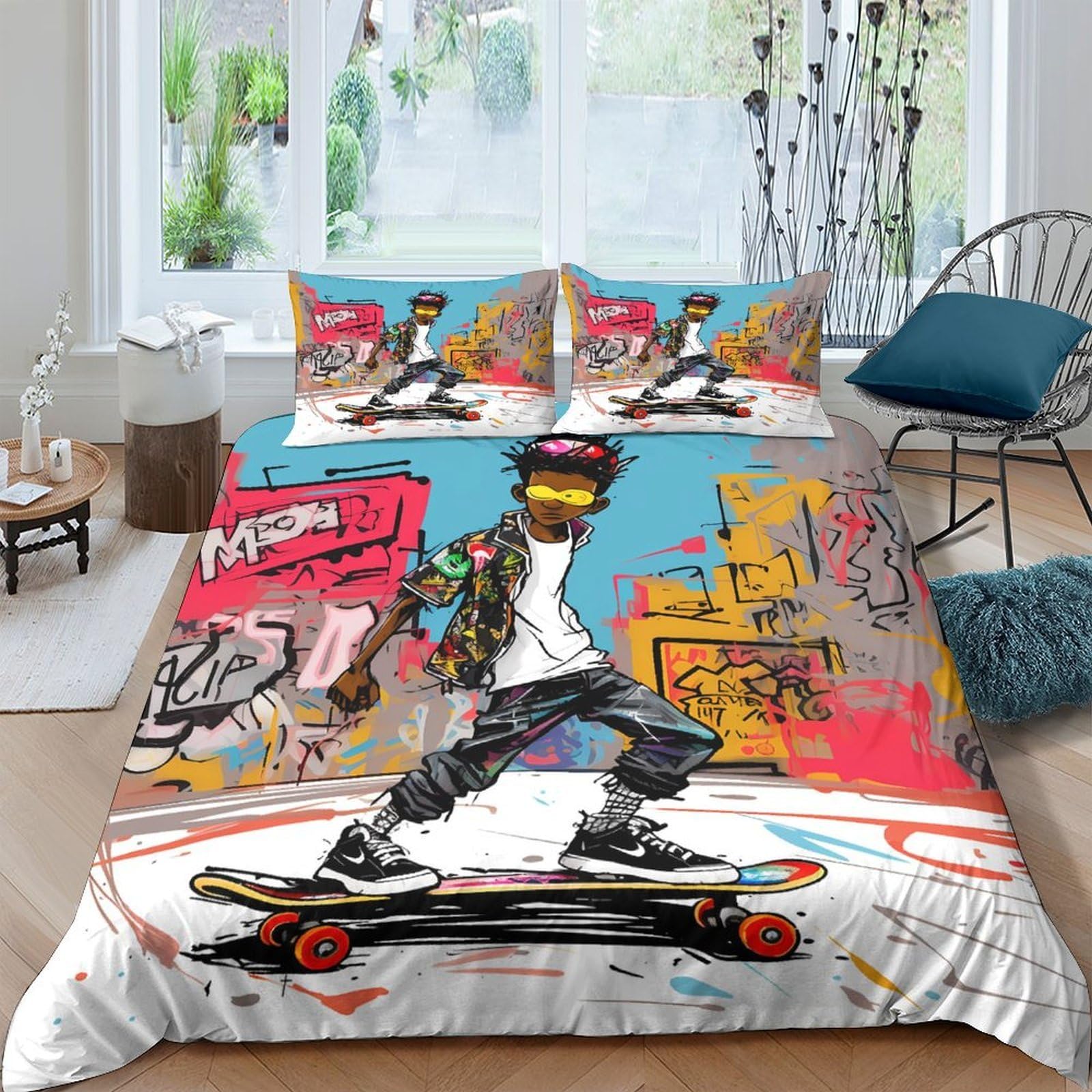 Ctjqhvkz Style-2 3D Printed Graffiti Skateboard Fitted Sheet Microfiber Urban Street Art Bed Cover For Bedroom Dorm Mattress Protection Decor Single（135X200cm）
