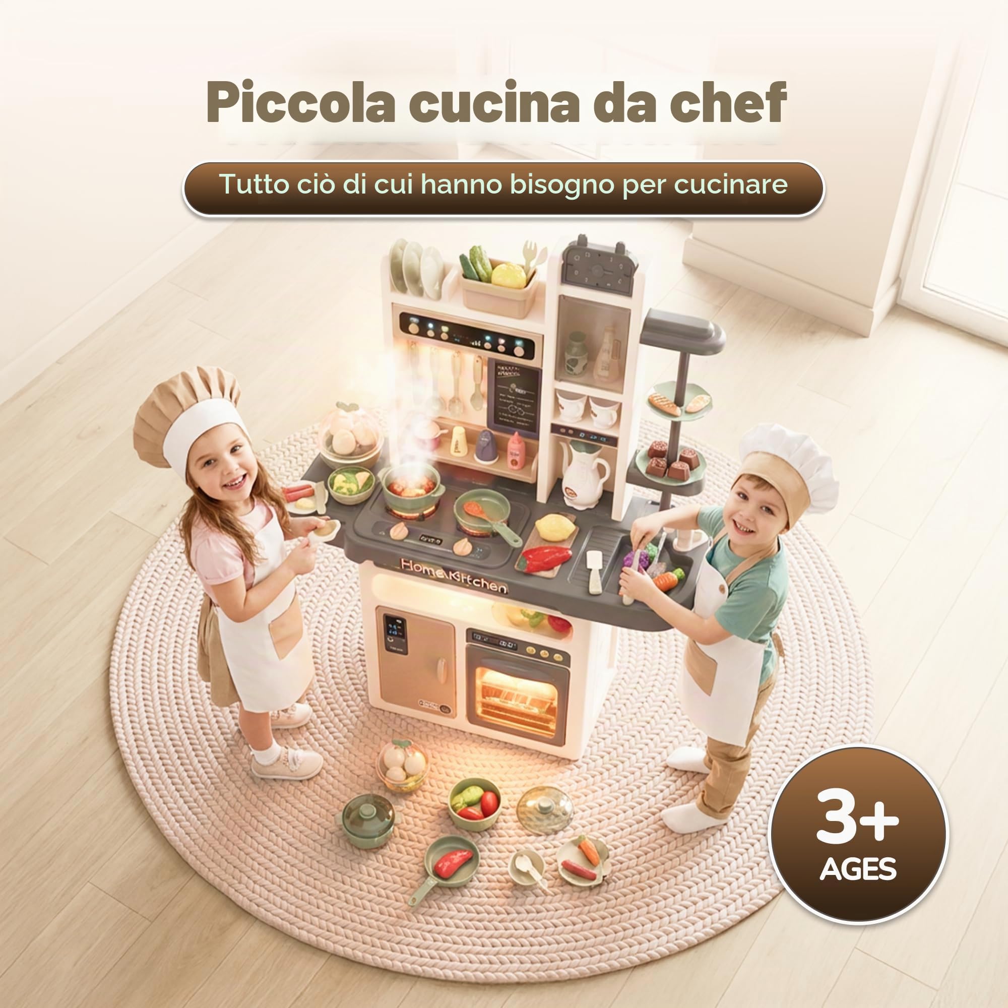 Kinderplay Cucina giocattolo per bambini – Vapore sicuro, luci e suoni – Gioco di imitazione 3+ con rubinetto a pompa – 65 accessori, 71×28,5×93,5 cm, KP3297