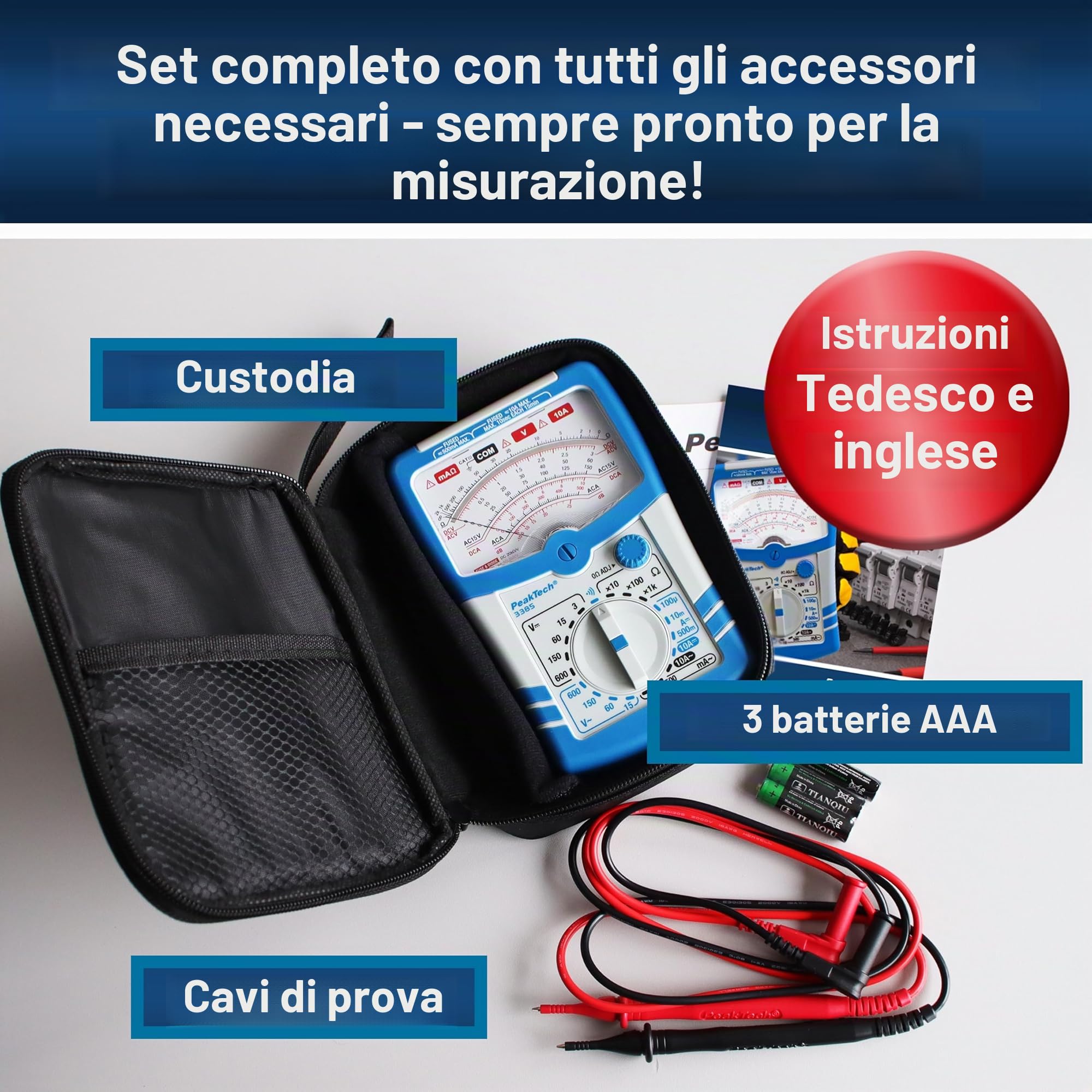 PeakTech P 3385 Multimetro analogico con voltmetro amperometro ohmetro tester di continuità fino a 600 V AC DC 10 A adatto per installazioni elettriche 230 V