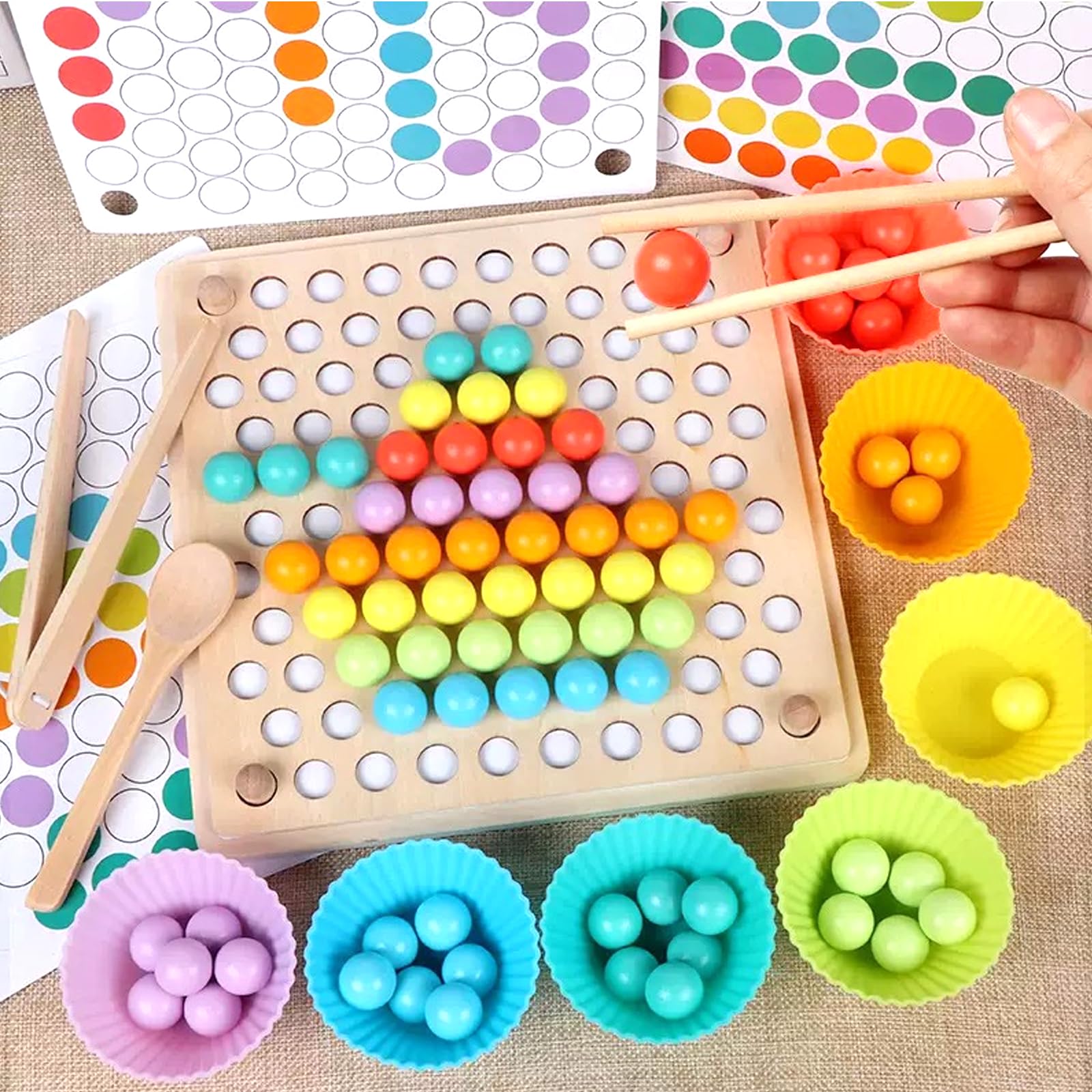 BANGTING Juego Montessori de Madera, 3 Años, Puzzle para Motricidad Fina, Juguete Educativo, Entrenamiento Pinzas Palillos Cuchara y Identificación de Color