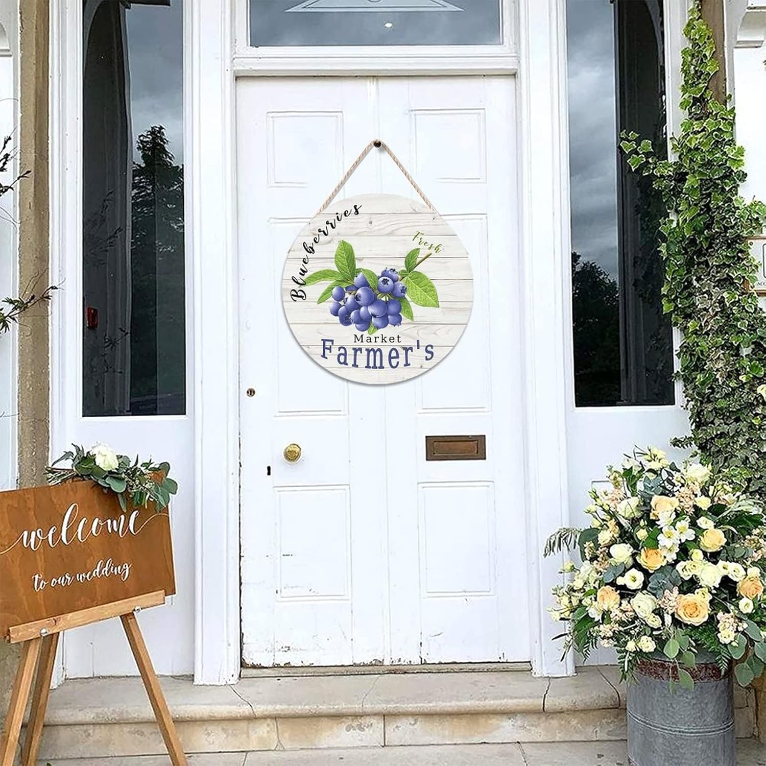 Fresh Round Door Hanger Sign, Vintage Fruit Blueberry Wood Door Sign, Rustic 16x16in Wall Door Hanging Sign for Front Door Entryway Porch Bar Pub Farewell Party Housewarming Gifts