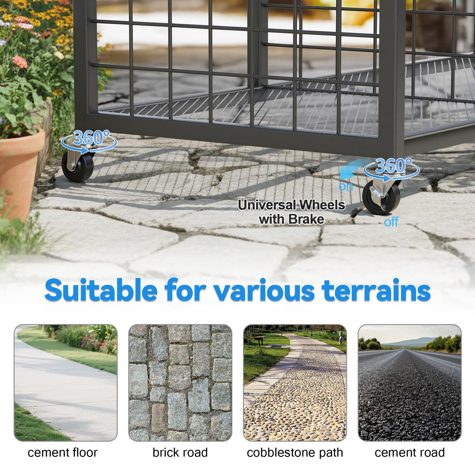 Gartenwerkzeug Organizer mit feststellbaren Rollen, Gartengerätehalter für langstielige Geräte, Garagenregal für Rechen Schaufeln Besen, Aufbewahrungswagen für Schuppen, 92 x 40 x 95 cm (Schwarz)