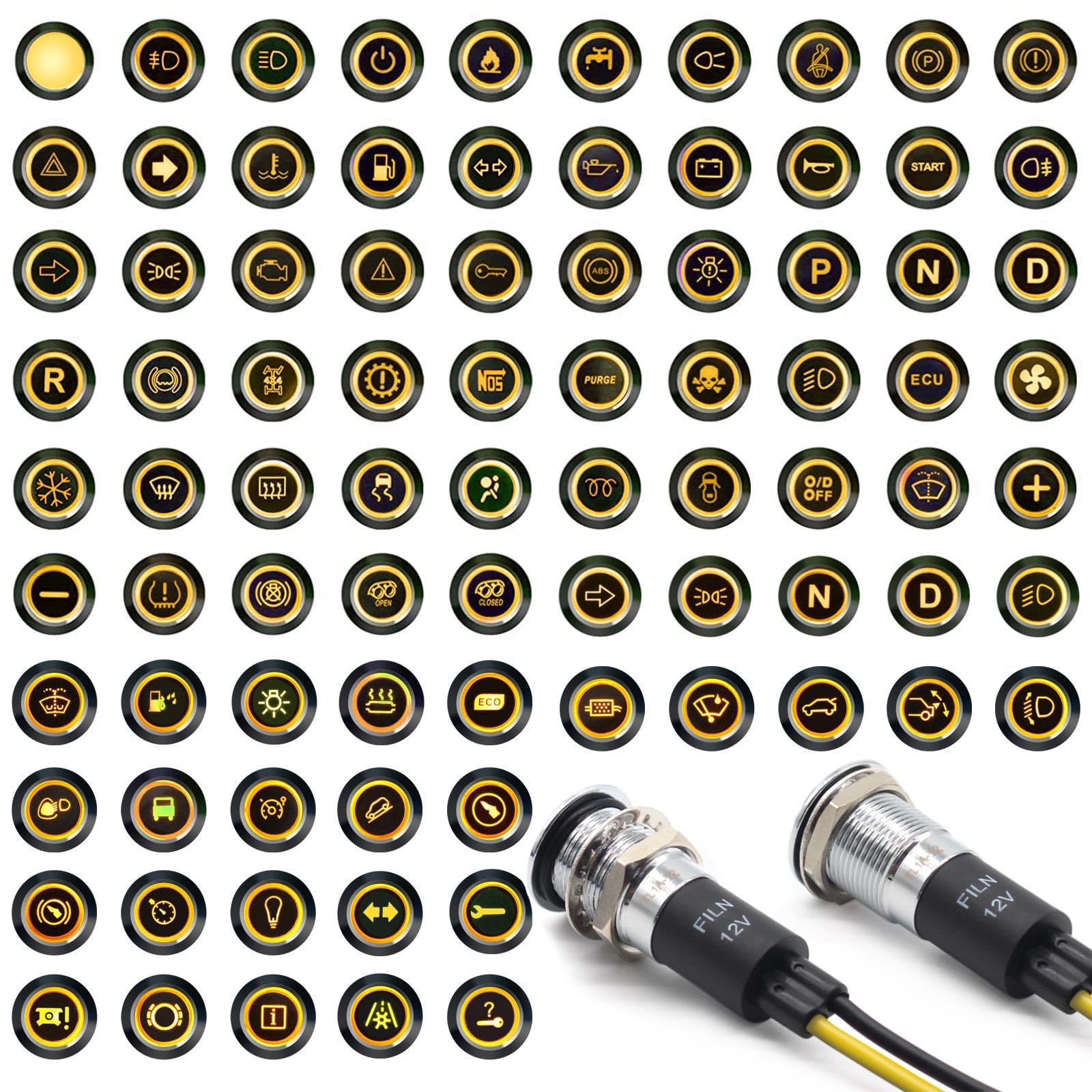 2PCS Small 12V LED Light Yellow Light Panel 12mm(1/2'') 180 symbols Metal Dash with Wire Suitable for Car Dashboard Marine Truck Machinery Industrial Equipment (Brass Nickel Plated Yellow)