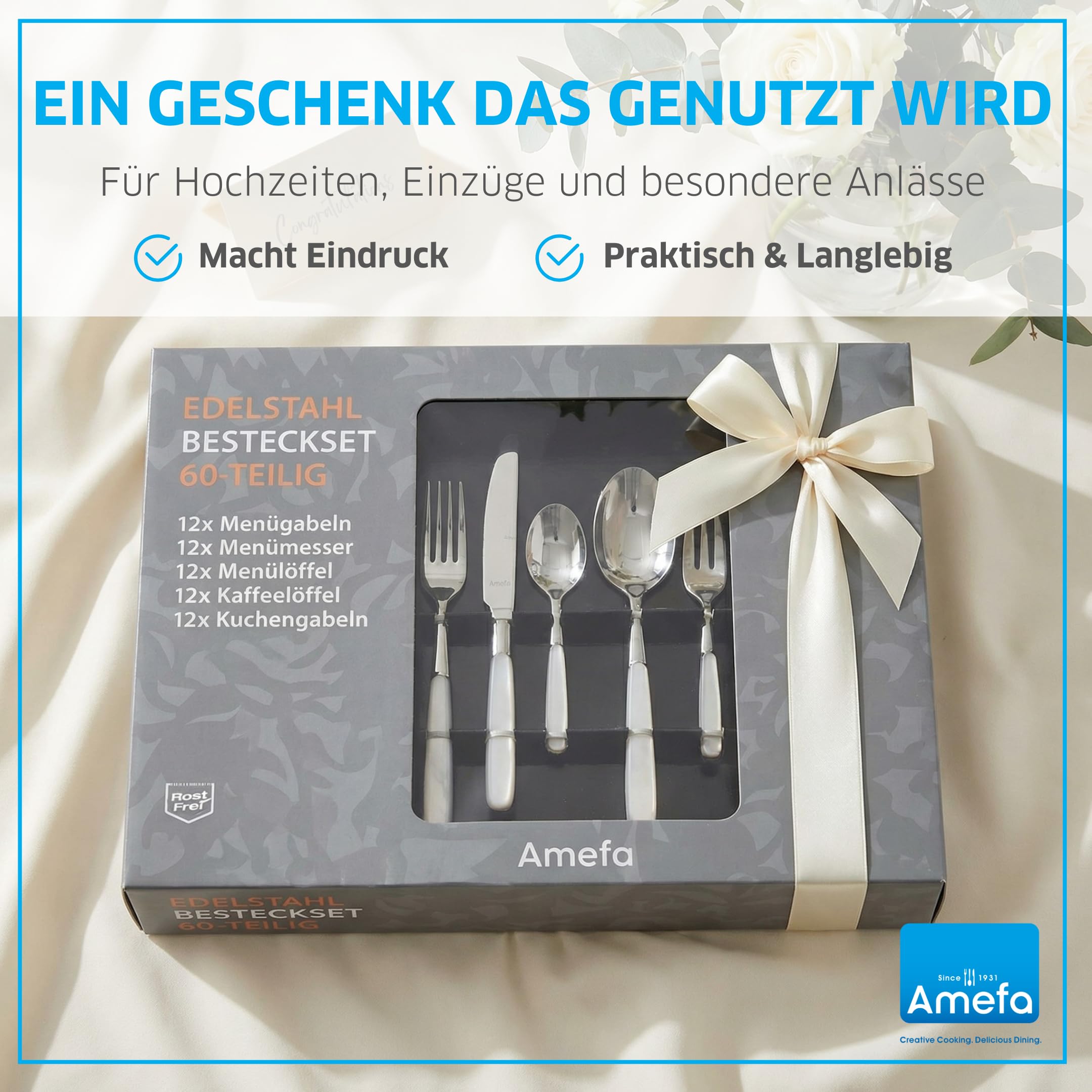 Amefa SATINA Besteck Set 60-teilig, Besteck für 12 Personen, Spülmaschinenfest, Besteck Rostfrei 18/10 Edelstahl, Spezial-Wellenschliff, Gehärteter Klingenstahl