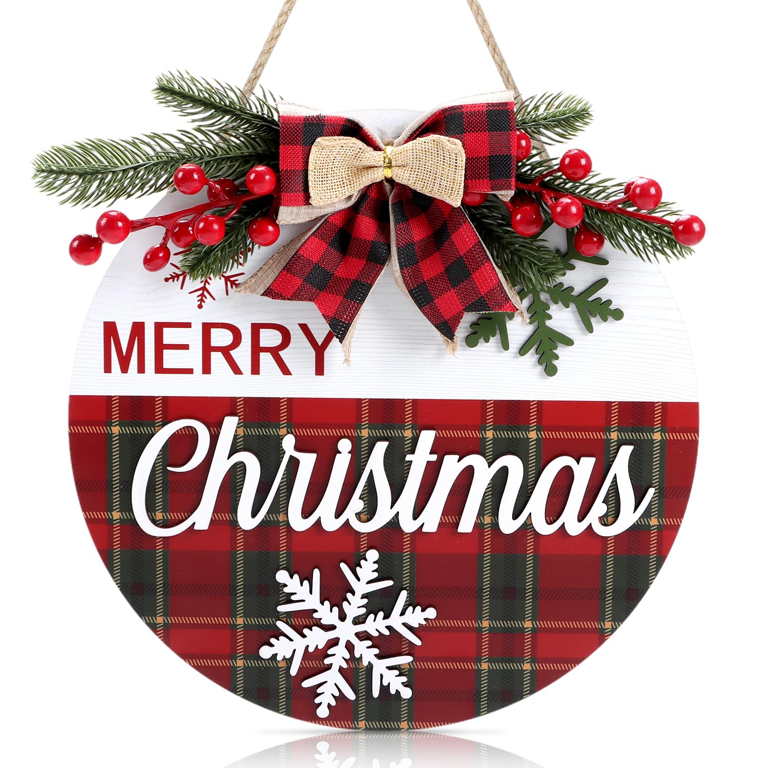 TOARTi Merry Christmas Front Door Wreath,3D Christmas Sign,Wooden Welcome Xmas Wall Wreath,Red Xmas Wreath Hanger Decorations,Red Plaid Snowflakes Rustic Xmas Wall Decor for Home Winter Party โ image 1
