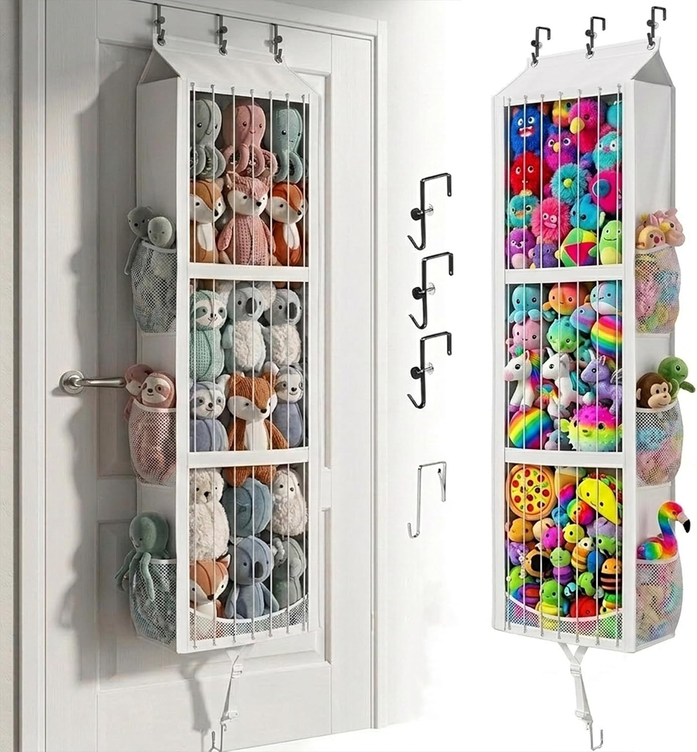 Stuffed Animal Storage for Over The Door – Large Toy Organizer Bag with Elastic Cord for Easy Access, Holds 70+ Plush Toys, Adjustable No-Damage Hooks, White – for Bedroom, Kids Room, Nursery