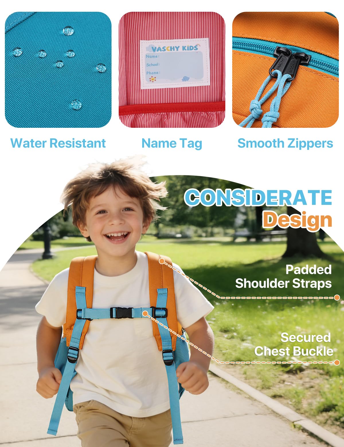 VASCHY Cartable Fille Garçon Primaire, Léger Sac à Dos Enfant 4 à 7 Ans pour Dossier A4 Multi-poches Résistant à l'Eau Bloc de Couleurs Sac d'École pour Scolaire Maternelle Voyage Vert Orange