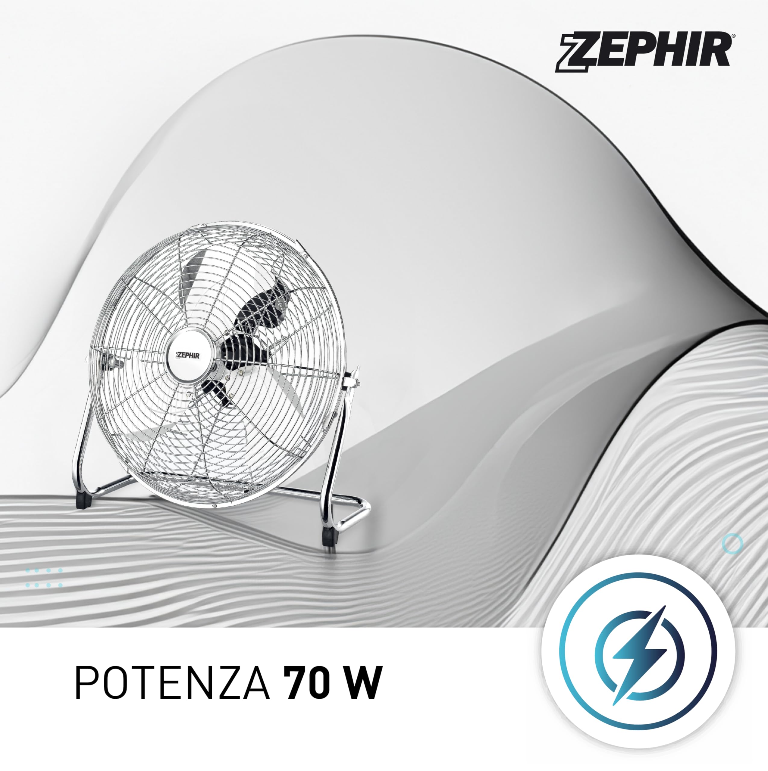 Zephir, Ventilatore Industriale da Pavimento, Alta Velocità, Acciaio Cromato, Pala 35cm, Inclinazione regolabile, Potenza 70W