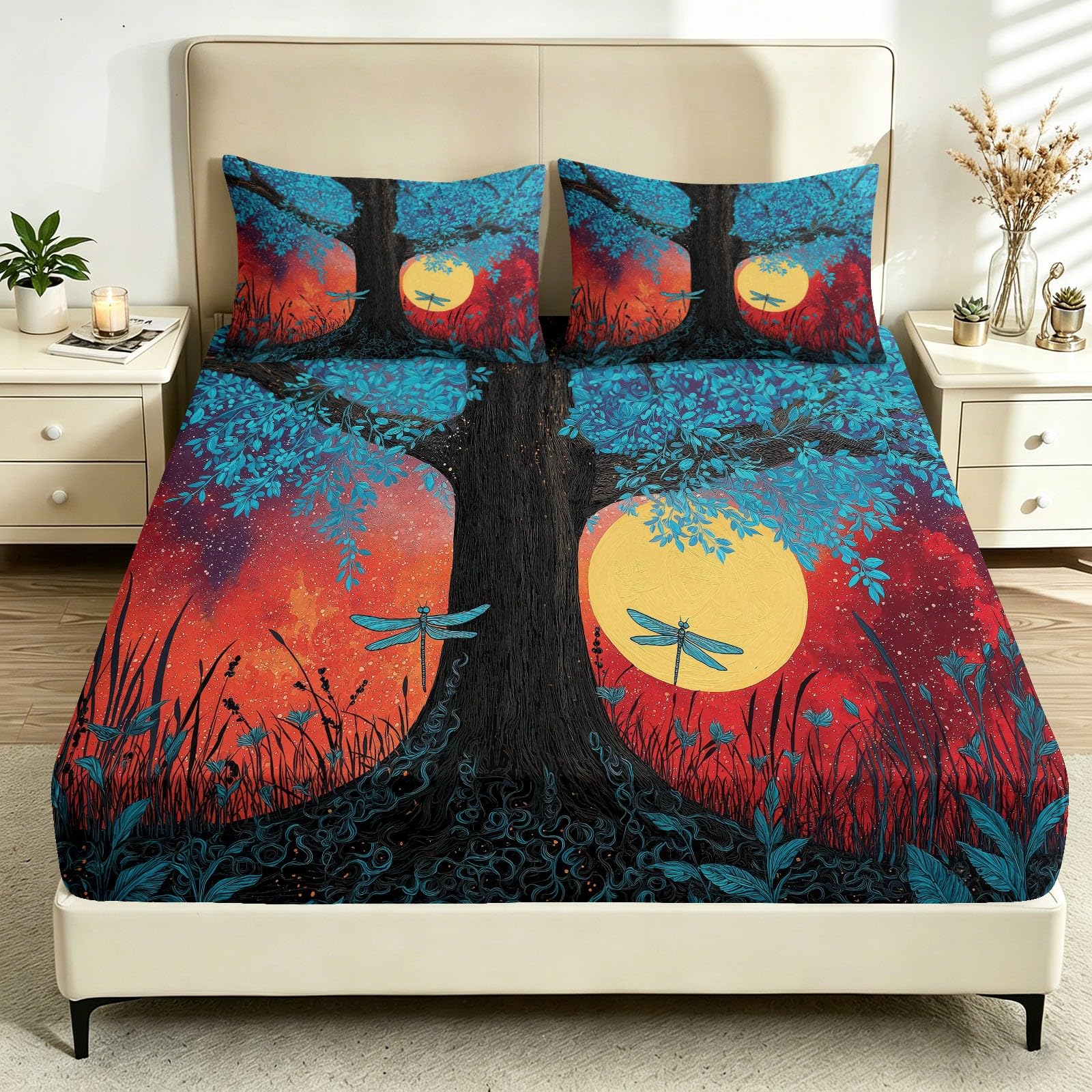 Sábana bajera ajustable multicolor estilo bohemio cielo estrellado, 150 x 200 cm, fácil cuidado, 30 cm de profundidad, sábana bajera ajustable con árbol grande, libélula voladora, naturaleza, suave