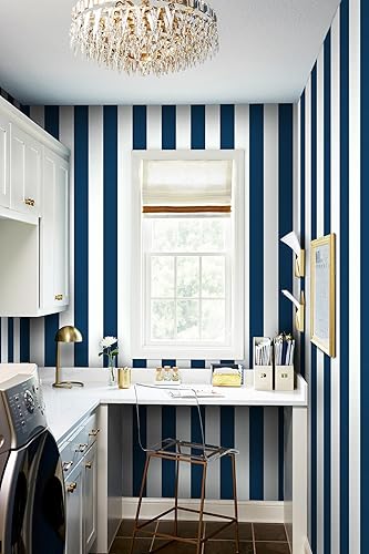 Miniatura 3 de Guvana Papel tapiz azul marino de 17.7 x 197 pulgadas, papel tapiz a rayas para despegar y pegar, papel de contacto azul y blanco, papel tapiz